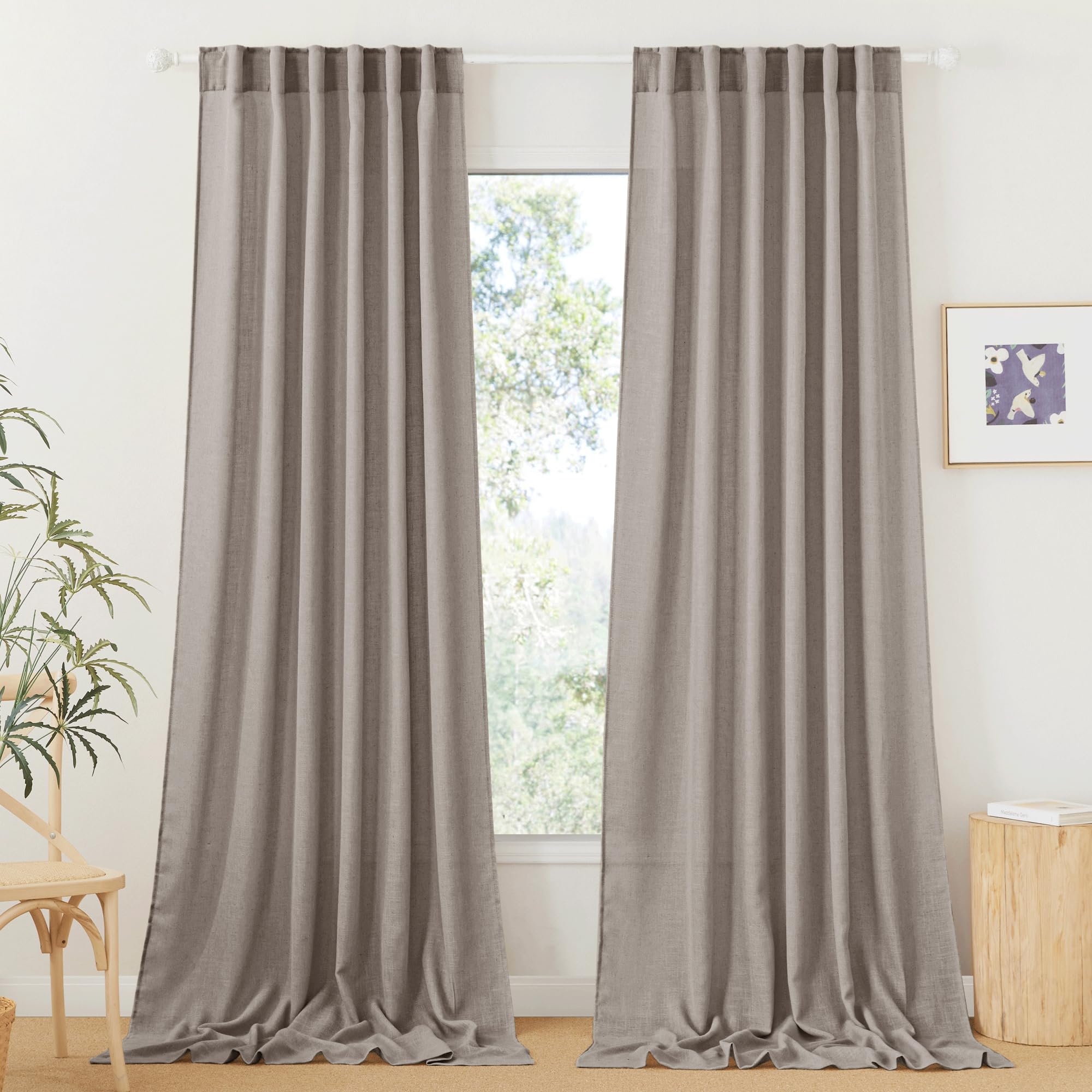 RYB HOME Farmhouse Sheer Curtains 108 inch Length, Semi Sheer Curtain & Drapes Large Window Dressing Lights & Winds Filter for Bedroom Home Office Living Room, Linen, W 70 x L 108 inch Long, 1 Pair