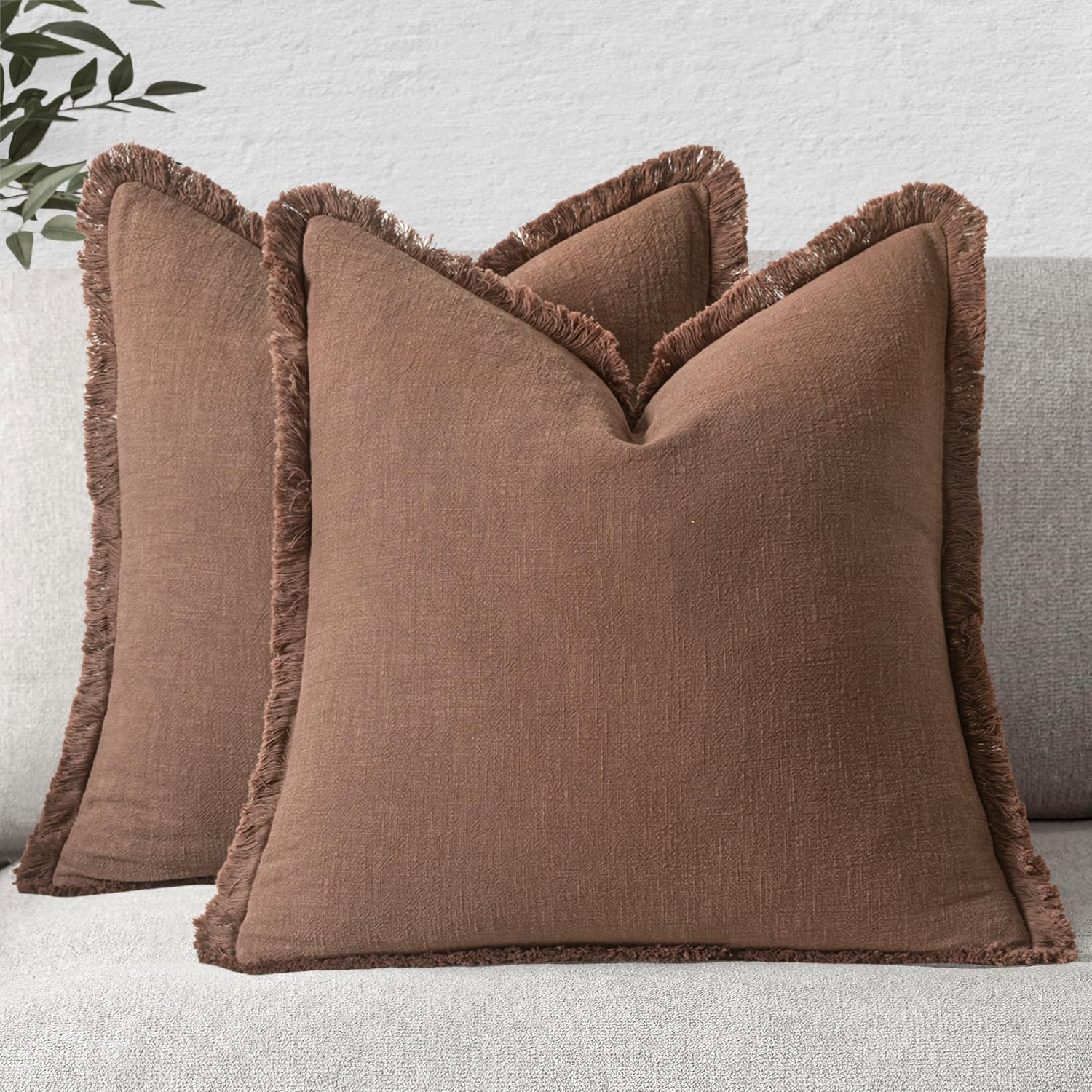 MIULEE Decorative Throw Pillow Covers Neutral Linen Fringe Throw Pillows Euro Shams Set of 2 Brown Boho Farmhouse Cushion Covers for Couch Sofa Bed Living Room Spring Home Decor 26x26 Inch