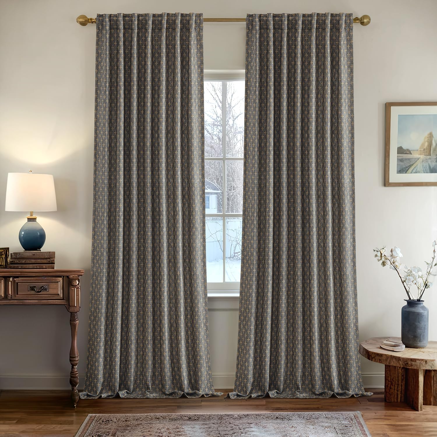 MIULEE Decorative Back Tab Linen Curtains with Geometric Pattern for Living Room Bedroom Farmhouse Rustic Thick Woven Textured Patterned Floor to Ceiling Drapes 102 Inch Long 2 Panels, Dark Grey