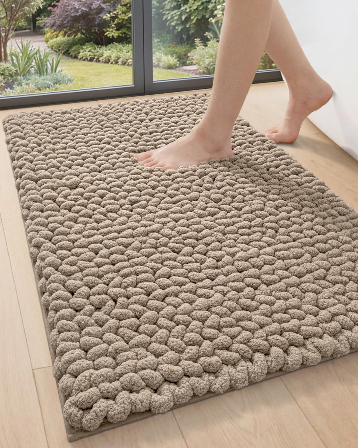 DEXI Bathroom Rugs 24x43, Non Slip Washable Bath Mat, Luxury Chenille Super Absorbent Ultra Thick Bathmats for Shower Floor, Plush Fluffy Shaggy Carpet for Tub, Beige