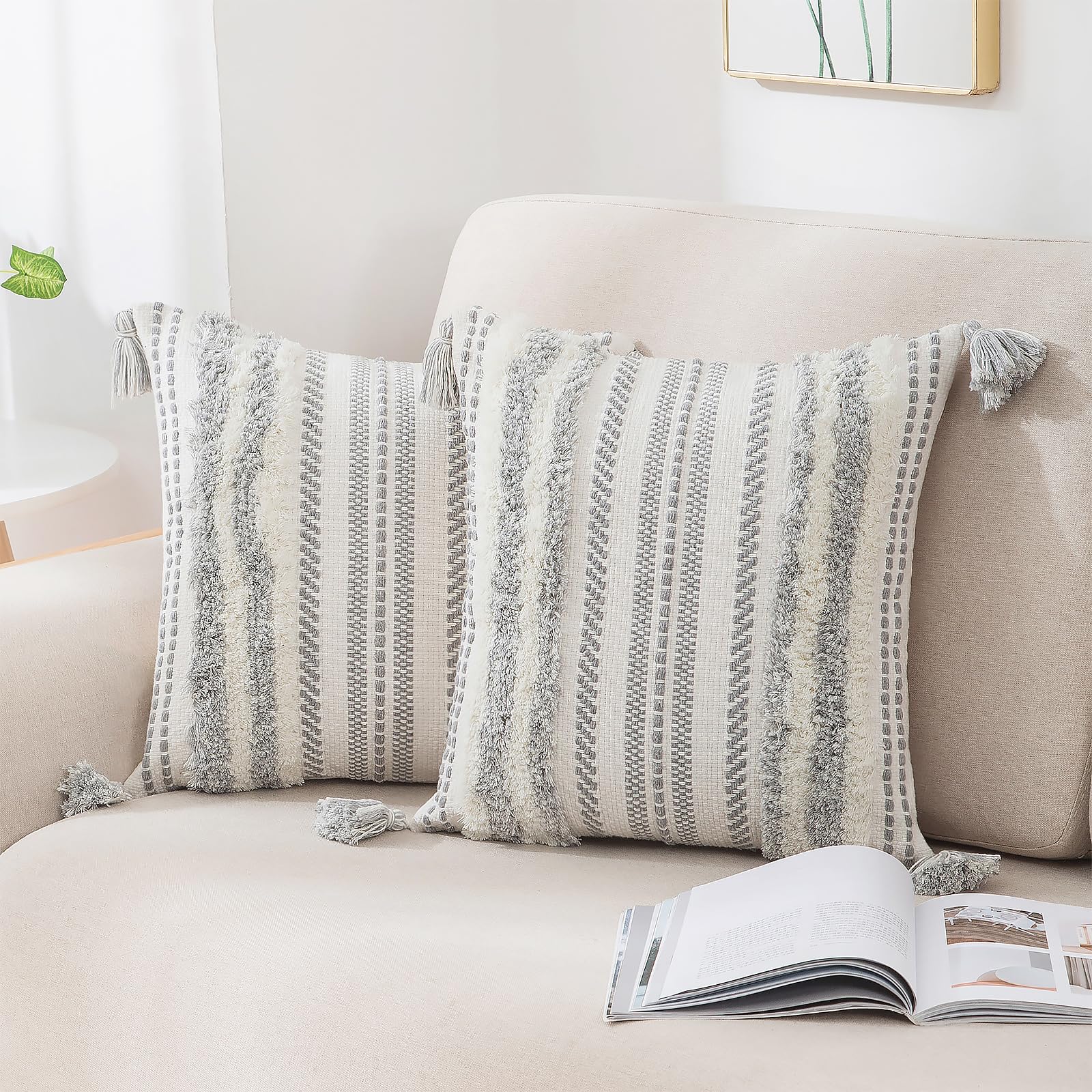 decorUhome Summer Decorative Boho Throw Pillow Covers 20x20 Set of 2, Accent Neutral Textured Tufted Pillow Covers Striped for Couch Bed Sofa Living Room, Light Grey and Cream White