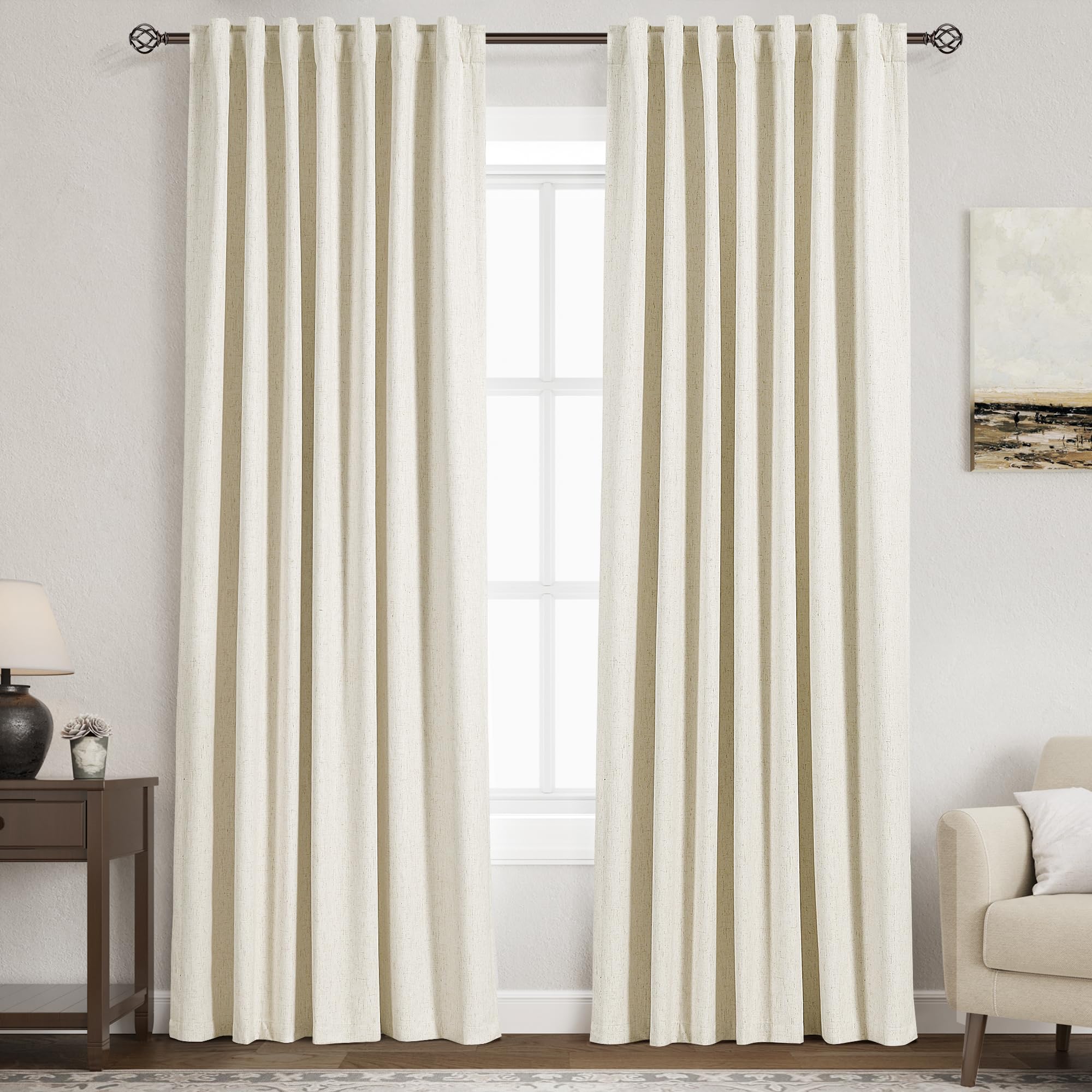 Nanspring Light Grey 100% Blackout Linen Curtains for Bedroom 90 Inches Long Back Tab Thermal Insulated Modern Luxury Simple Black Out Curtain for Living Room Dining Room Drapes 52x90, 2 Panels