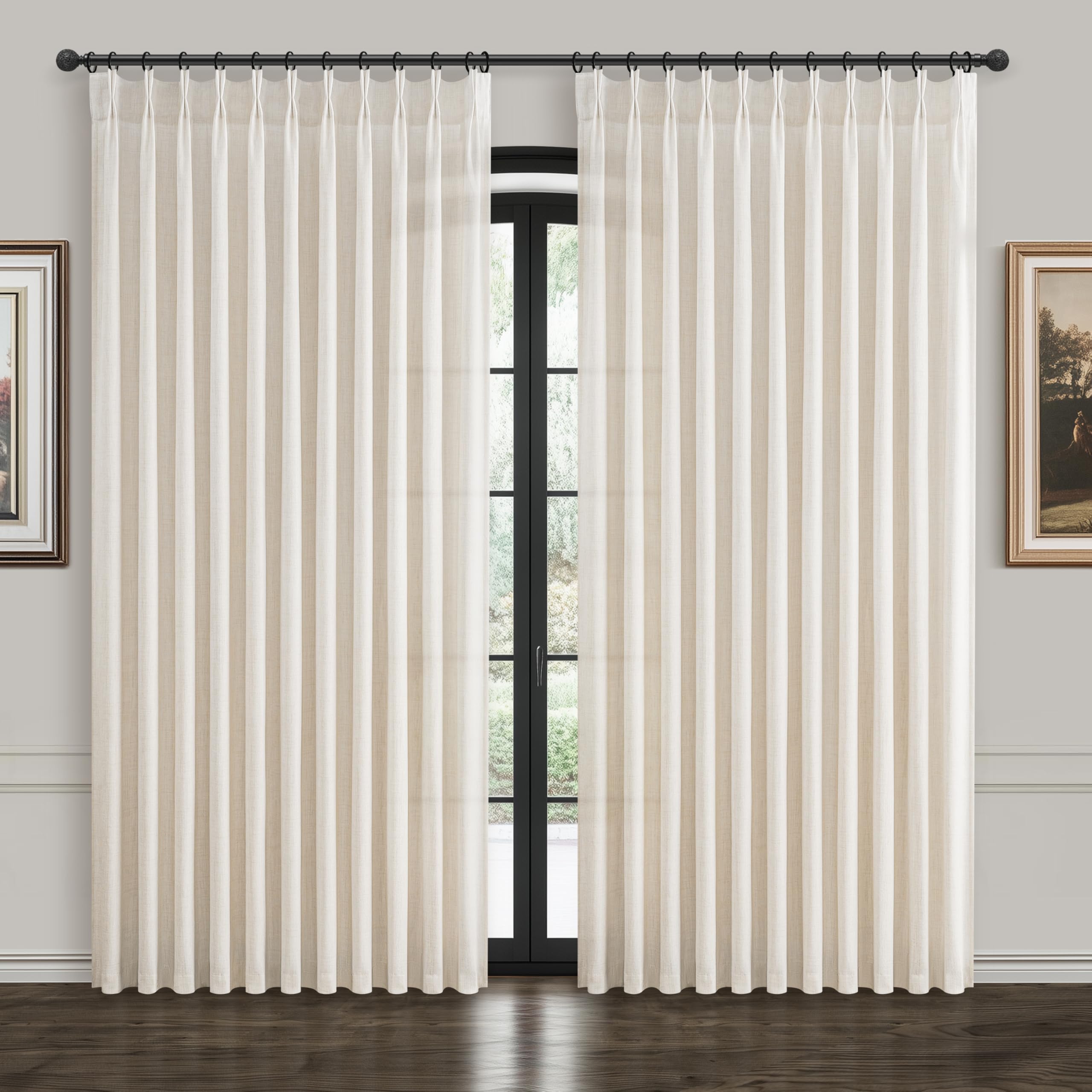 PleatedDrapes 96 Inch Curtains 2 Panel Set, Modern Linen Pleat Back Tab Dining Room Window Curtains Light Filtering Aesthetic Semi Sheer Living Room Drapes with Hooks Ring Cream Oatmeal W40 x L96