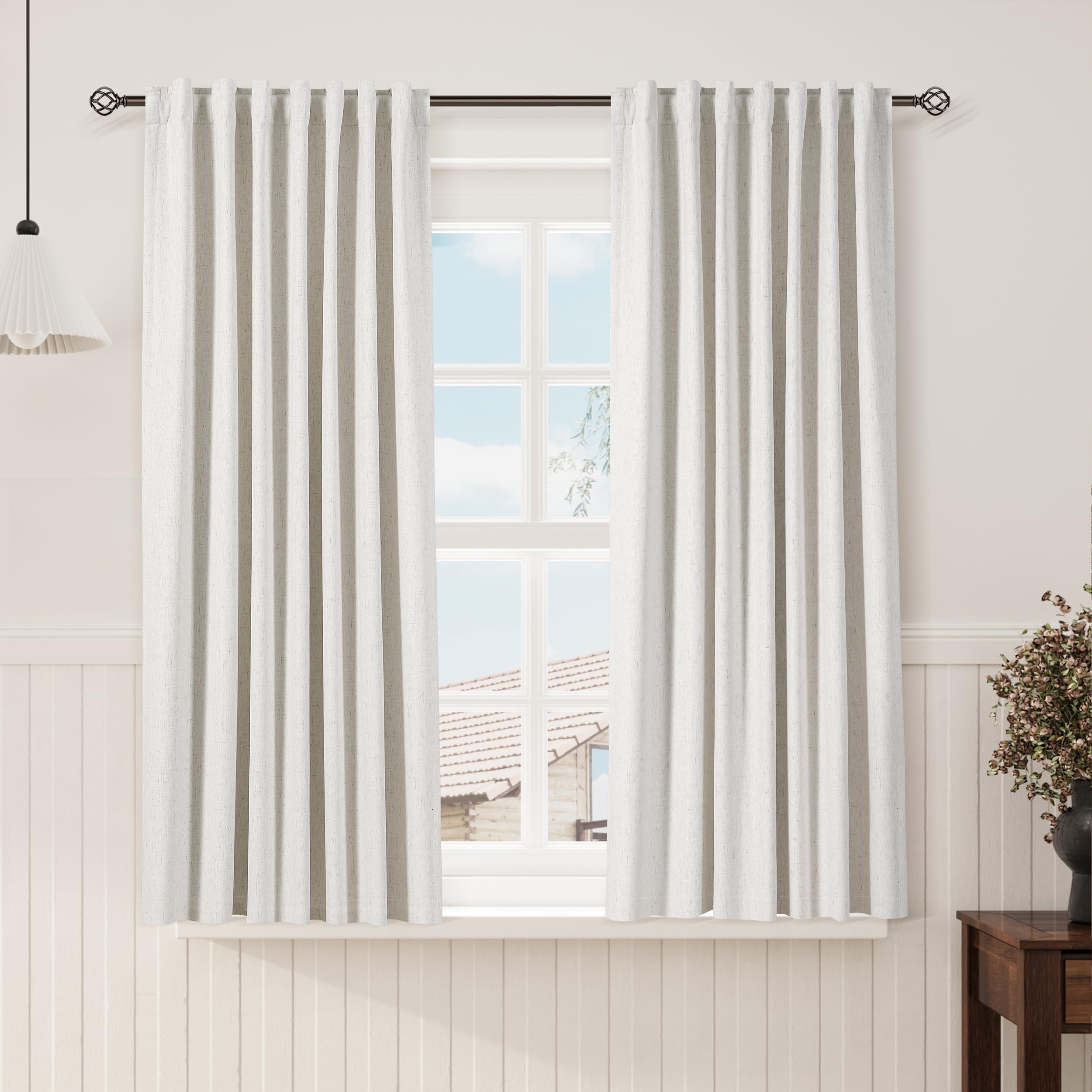 Nanspring Light Grey 100% Blackout Linen Curtains for Bedroom 90 Inches Long Back Tab Thermal Insulated Modern Luxury Simple Black Out Curtain for Living Room Dining Room Drapes 52x90, 2 Panels