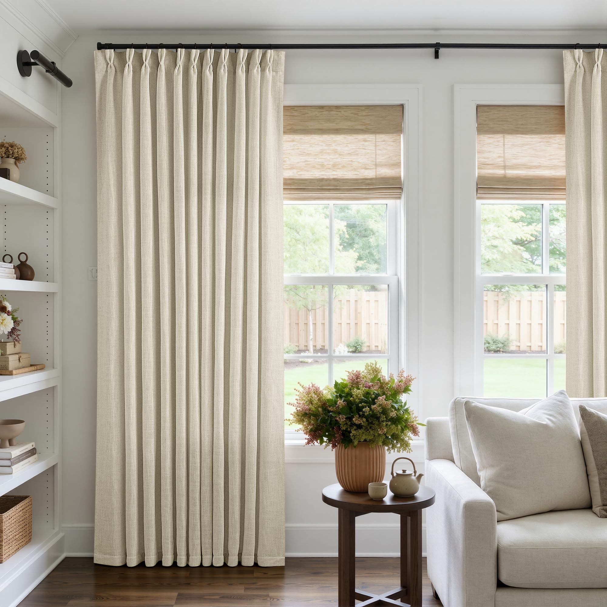 90 Inch Pinch Pleated Linen Curtains 2 Panel Set for Living Room Cream Natural Thick Linen Textured Drapes 90 Inches Long Pinch Pleat Drapes Birch Ivory Semi Sheer Curtain for Dining Bedroom Office
