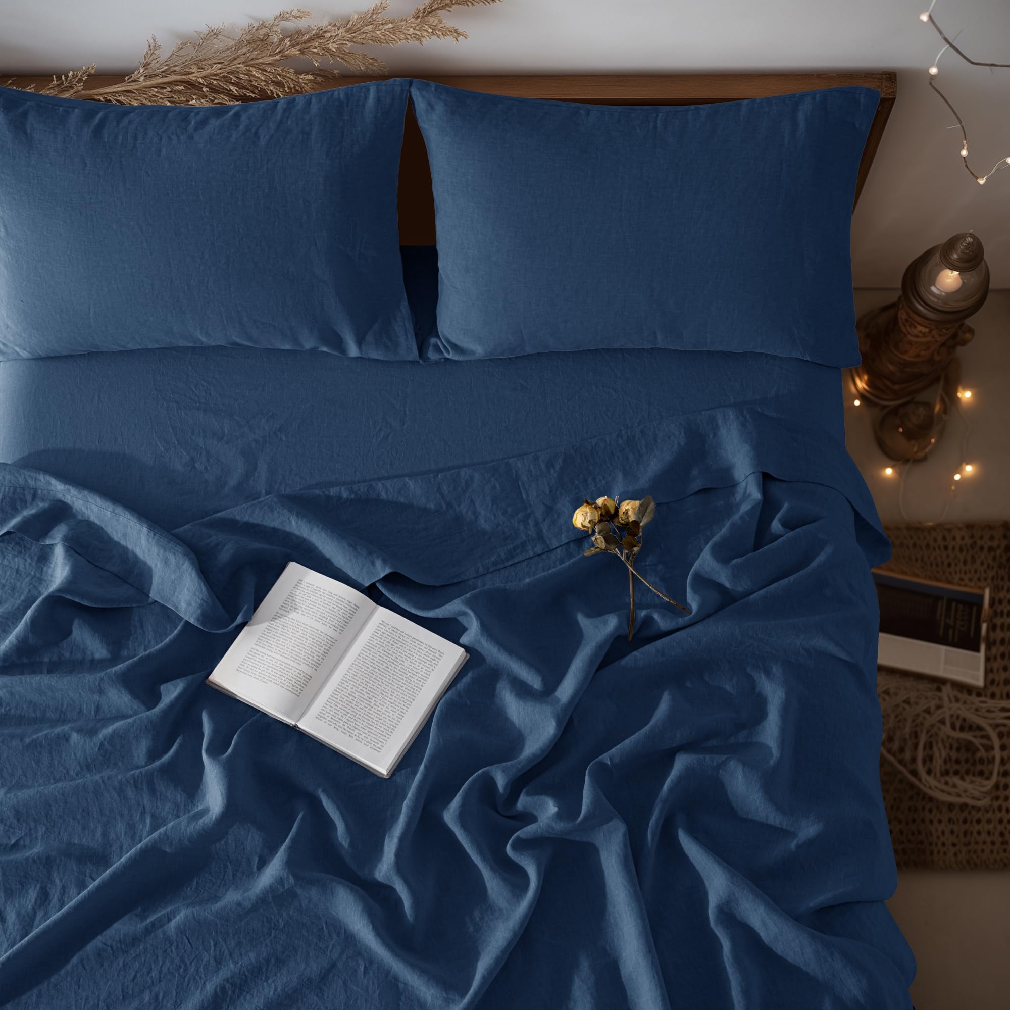 LBRO2M 100% Pure Linen Sheet Set Deep Pocket Up to 16" Bed Sheets Sets, Natural Flax Beddings Soft, Breathable, Comfortable for All Seasons 4 Pcs Sheet Set Queen Size, Linen