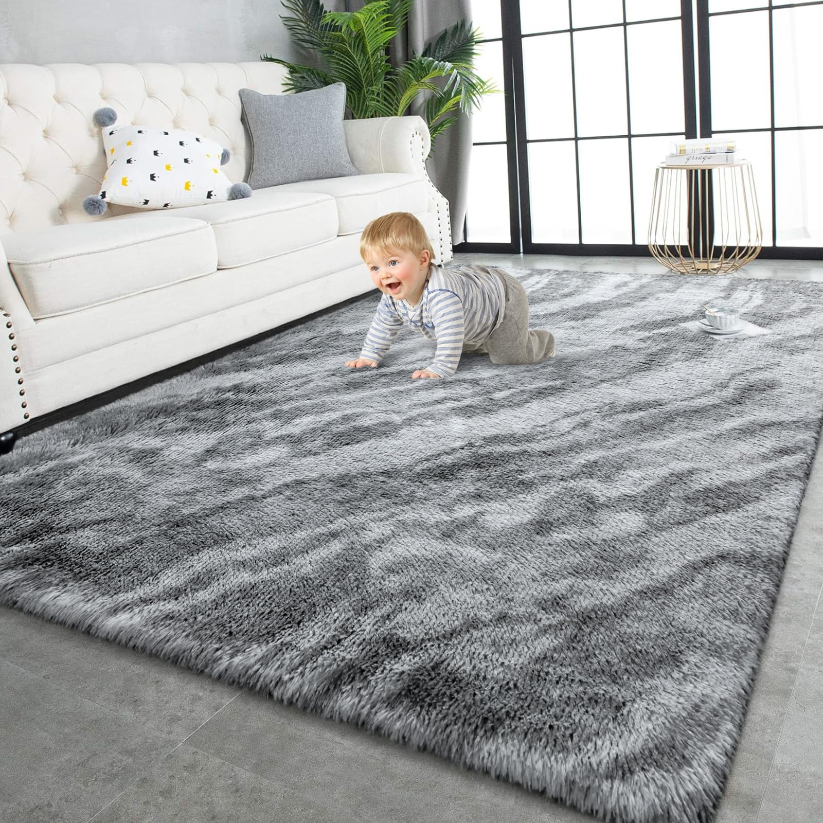 TWINNIS Super Soft Shaggy Rugs Fluffy Carpets, 6x9 Feet, Indoor Modern Plush Area Rugs for Living Room Bedroom Kids Room Nursery Home Decor, Upgrade Anti-Skid Rectangular Fuzzy Rug, Black Gray