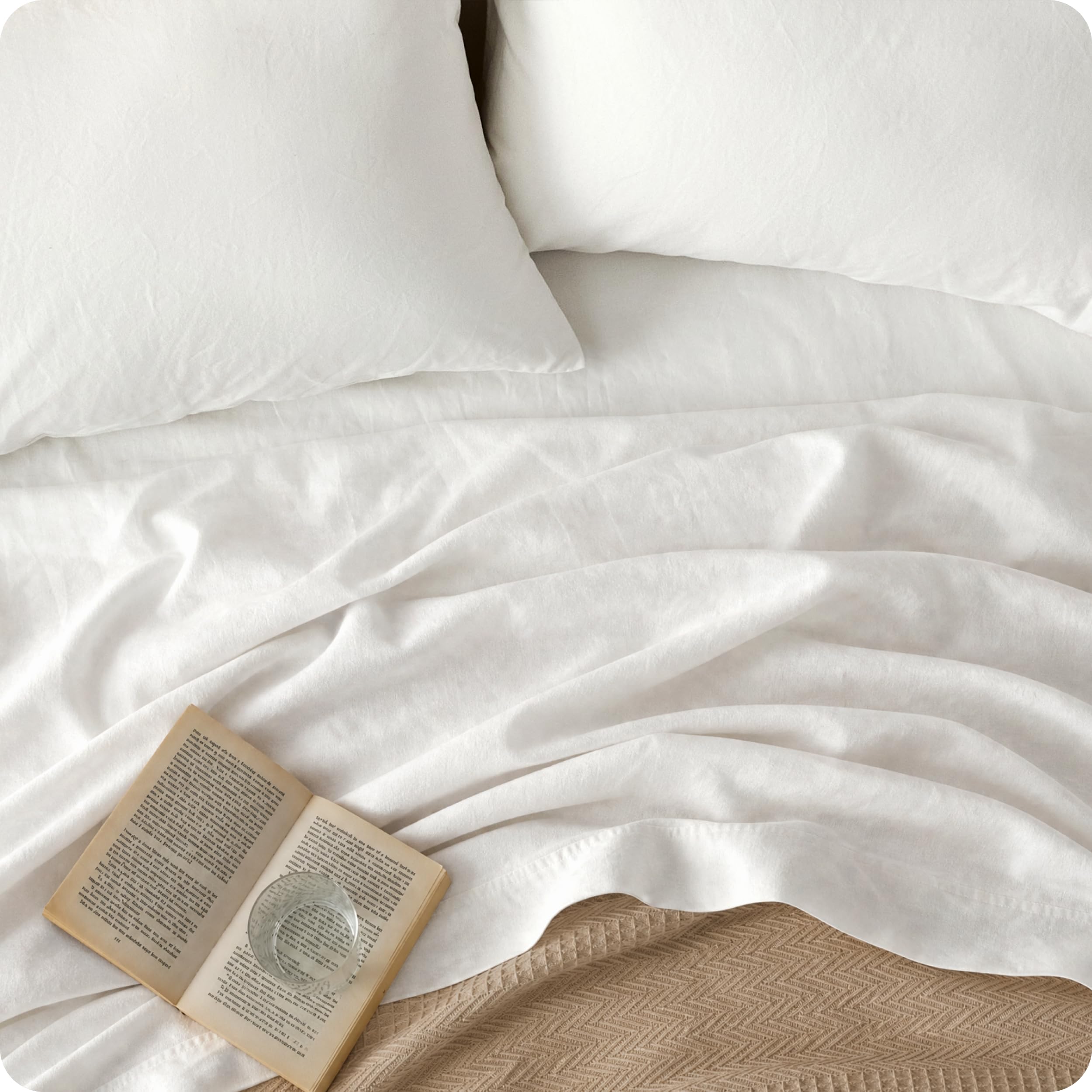 Bedsure Queen Bed Sheets - Cotton Linen Sheet Set, PureWoven Soft, Breathable & Anti - Pilling, Deep Pocket Queen Fitted Bedsheets Up to 16 Inches, 4 Pieces, Linen