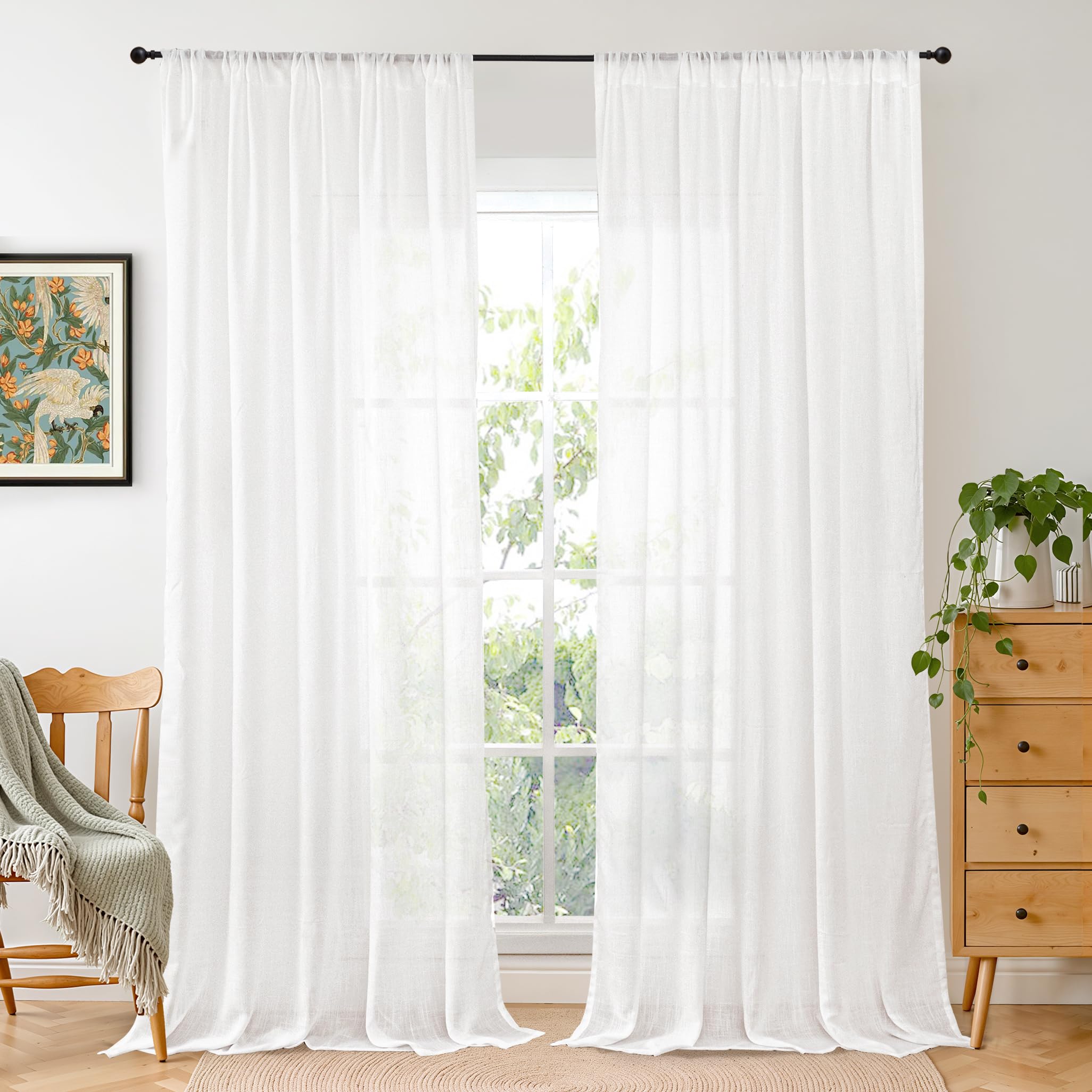 BGment 90 Inches Long Curtains Linen Semi Sheer, Light Filtering Window Treatments Drapes with Rod Pocket Lightweight for Living Room Bedroom, 2 Panels, 52 Inch Wide Each Panel