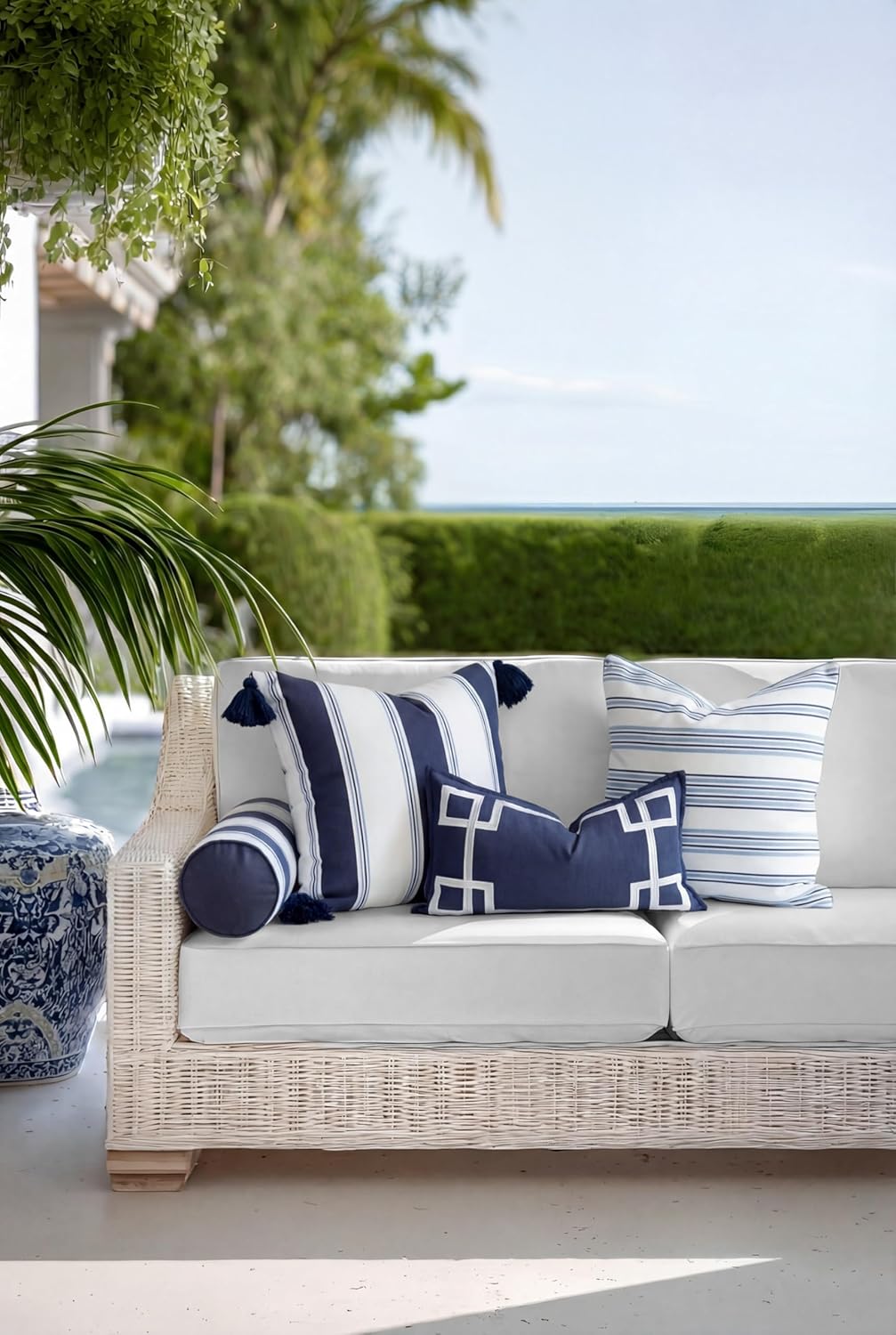 Hofdeco Premium Coastal Hampton Outdoor Performance Throw Pillow Cover Only, 20"x20" Water Repellent, UV and Fade Resistant for Backyard, Couch, Poolside, Indigo Azure Blue Woven Harbor Stripes