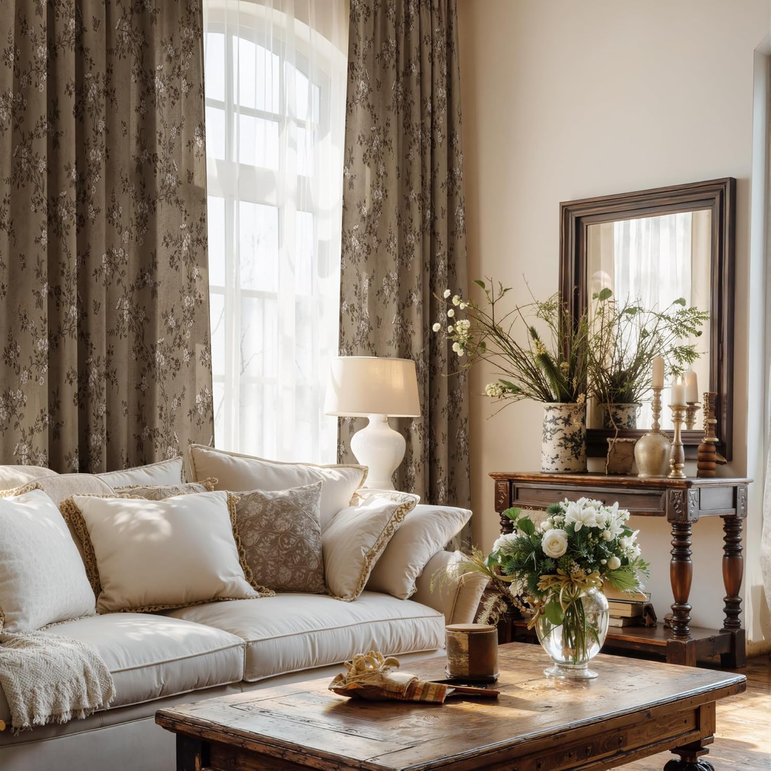 StangH Extra Long Vintage Curtains 108 Inch Long, Butterfly Pattern Linen Blend Drapes, Moody Retro Botanical Light Filtering Window Curtains for Living Room, Khaki, W52 x L108, 2 Panels