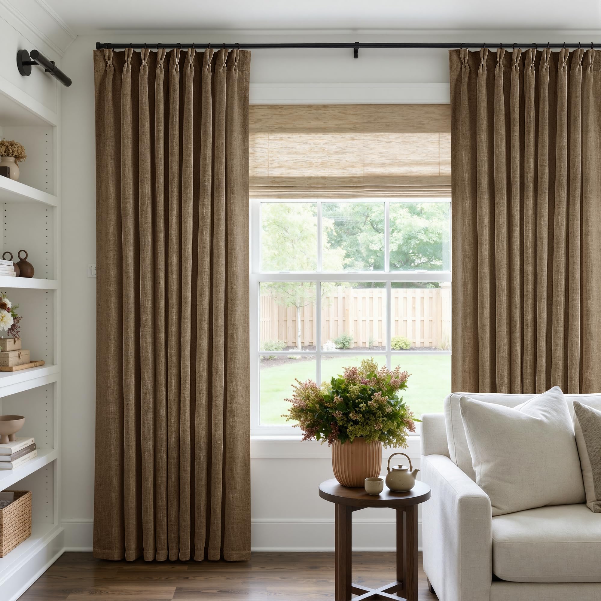 90 Inch Pinch Pleated Linen Curtains 2 Panel Set for Living Room Cream Natural Thick Linen Textured Drapes 90 Inches Long Pinch Pleat Drapes Birch Ivory Semi Sheer Curtain for Dining Bedroom Office
