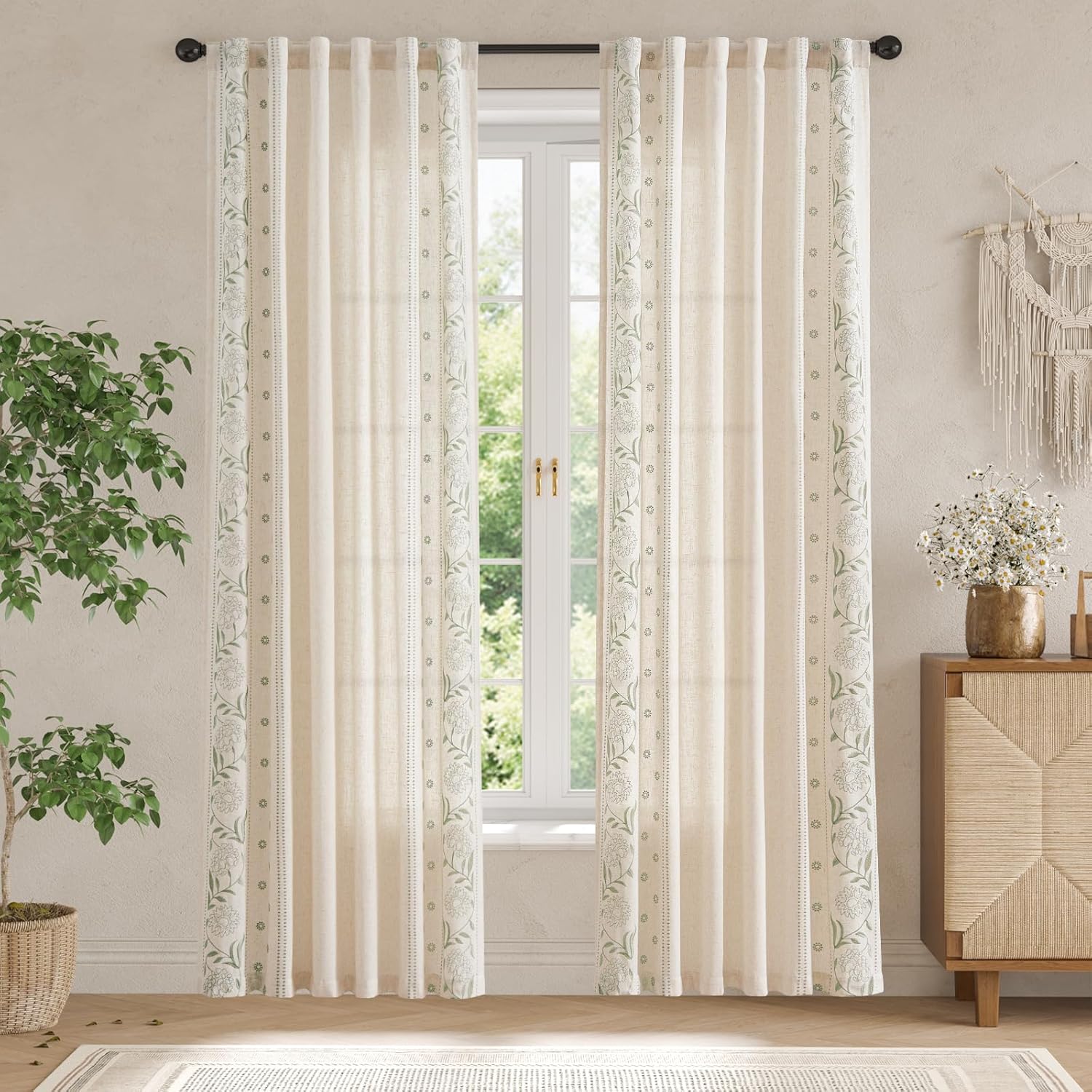 jinchan Winslow Linen Curtains for Bedroom 84 Inches Length Embroidered Bordered Floral Curtains for Living Room Farmhouse Decor Light Filtering Window Treatments Sage on Beige Drapes 2 Panels