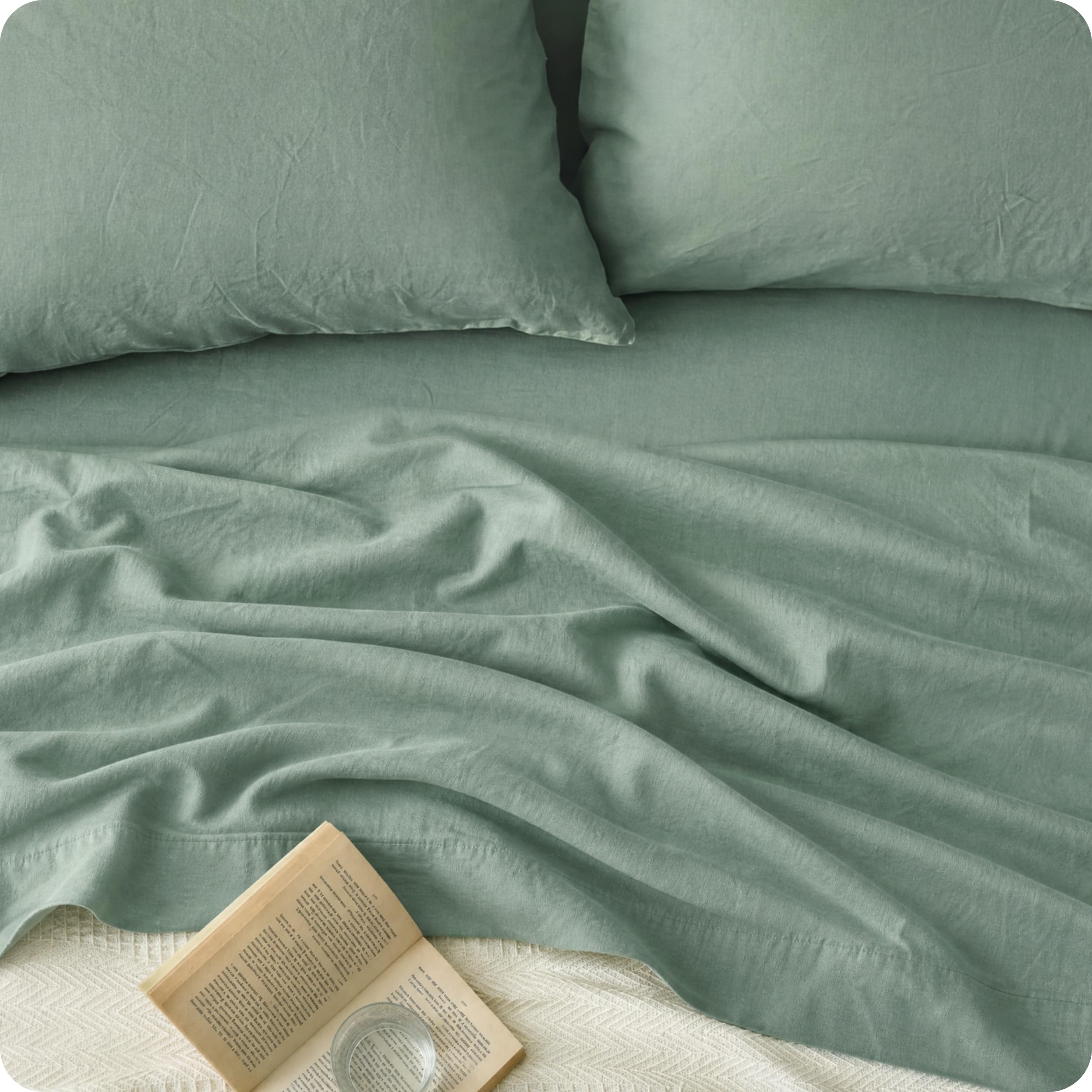 Bedsure Queen Bed Sheets - Cotton Linen Sheet Set, PureWoven Soft, Breathable & Anti - Pilling, Deep Pocket Queen Fitted Bedsheets Up to 16 Inches, 4 Pieces, Linen