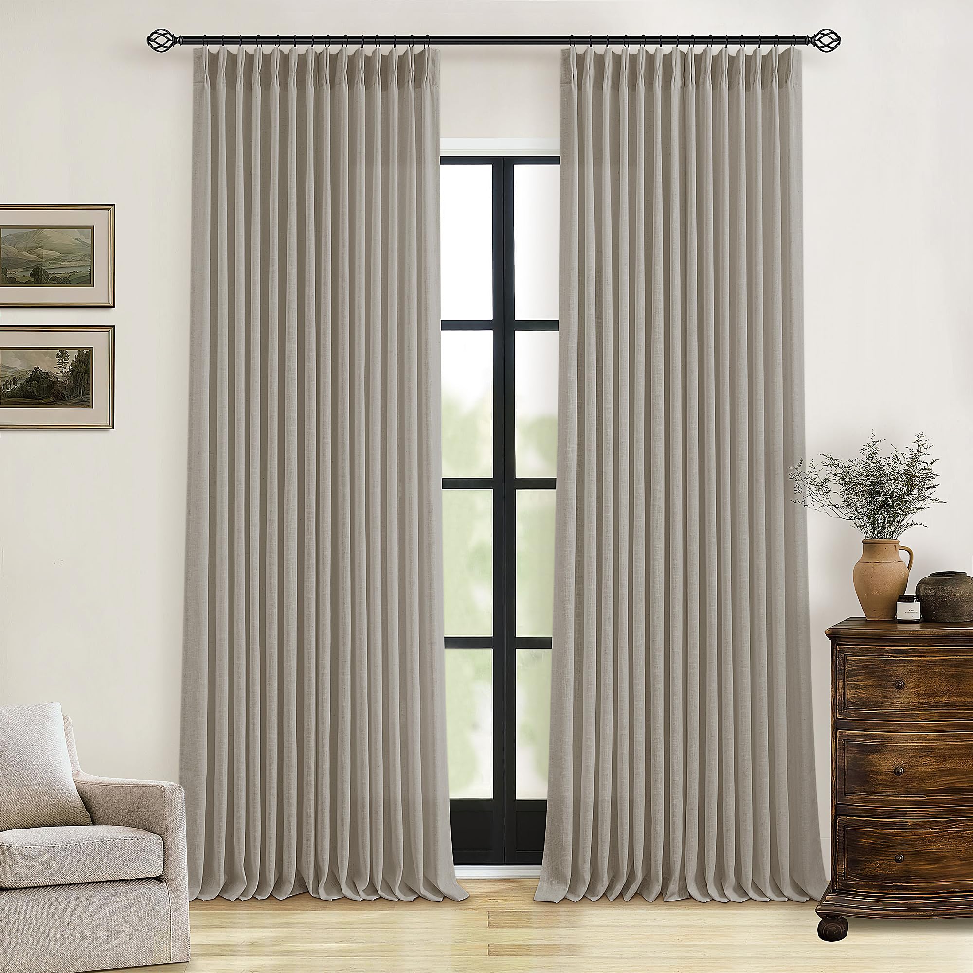 90 Inch Pinch Pleated Linen Curtains 2 Panel Set for Living Room Cream Natural Thick Linen Textured Drapes 90 Inches Long Pinch Pleat Drapes Birch Ivory Semi Sheer Curtain for Dining Bedroom Office