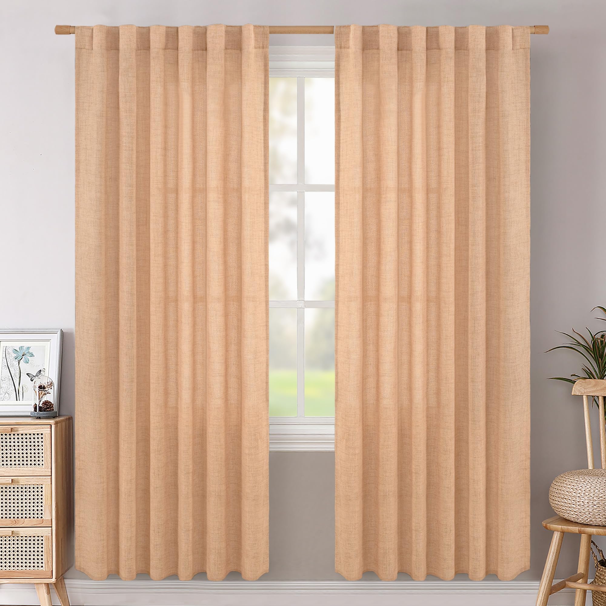 BGment Long 102 Inch Length Linen Curtains for Living Room, Natural Rod Pocket Textured Burlap Drapes Rustic Country Light Filtering for Bedroom Semi Sheer Back Tab, 2 Panel, 52 Inch Wide Each Panel