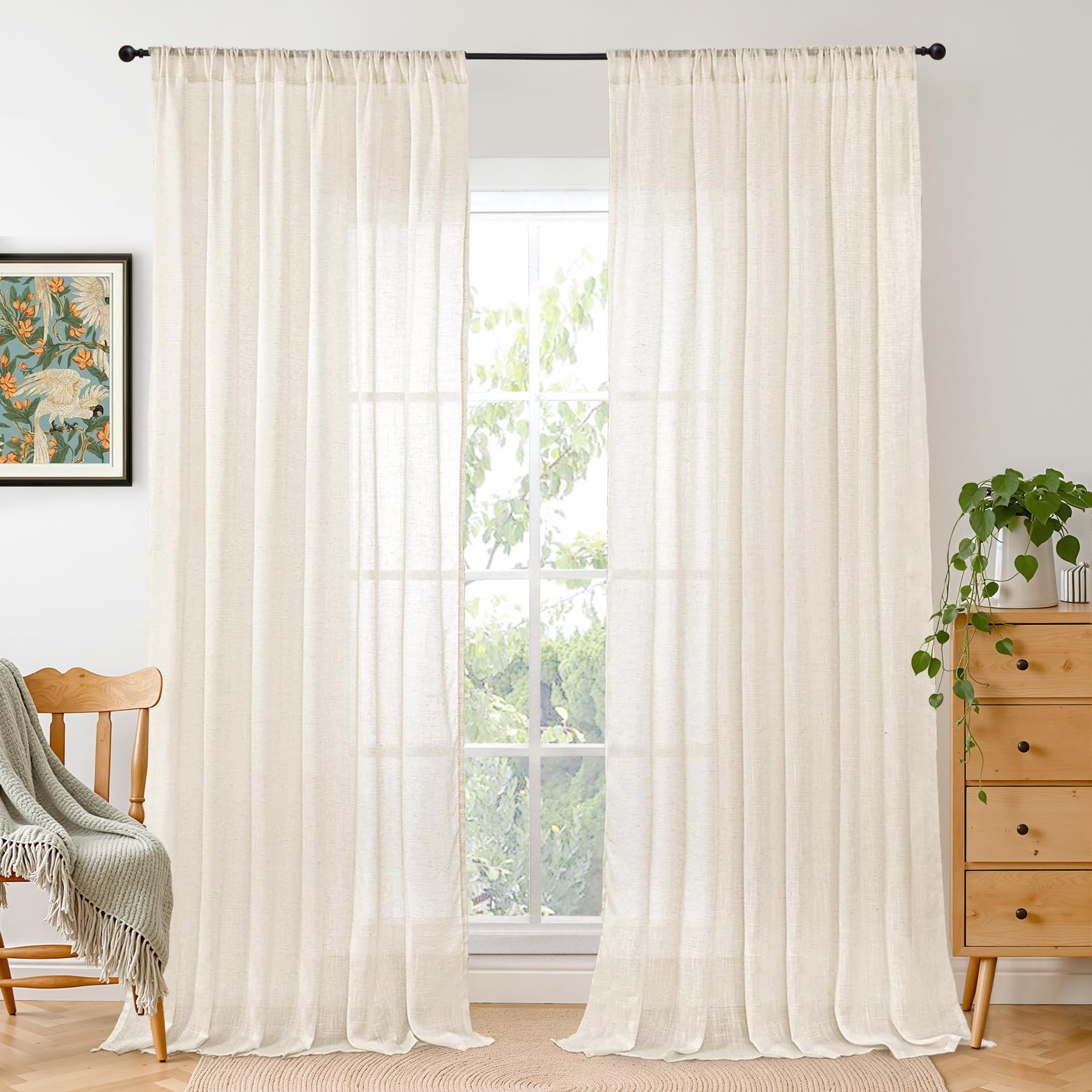 BGment 90 Inches Long Curtains Linen Semi Sheer, Light Filtering Window Treatments Drapes with Rod Pocket Lightweight for Living Room Bedroom, 2 Panels, 52 Inch Wide Each Panel