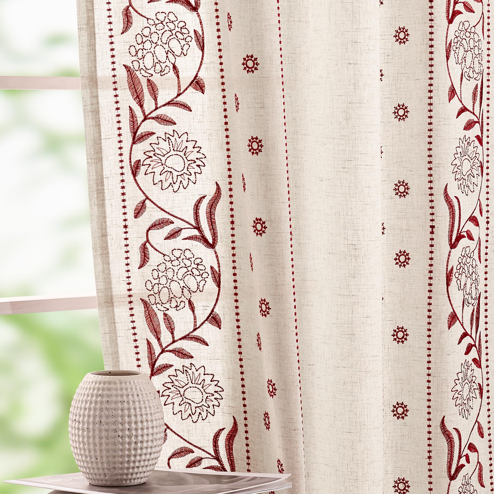 jinchan Winslow Linen Curtains for Bedroom 84 Inches Length Embroidered Bordered Floral Curtains for Living Room Farmhouse Decor Light Filtering Window Treatments Sage on Beige Drapes 2 Panels