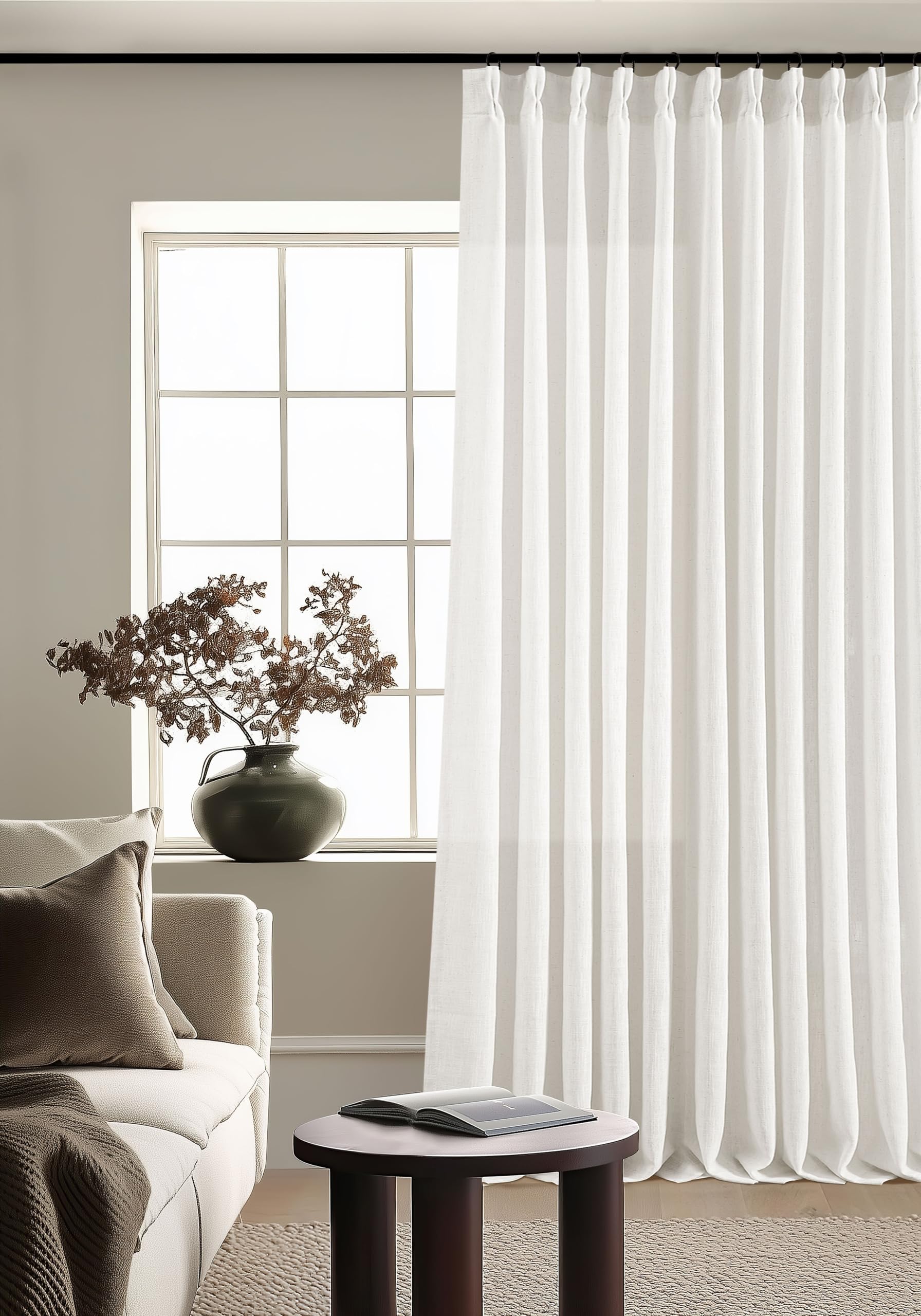 90 Inch Pinch Pleated Linen Curtains 2 Panel Set for Living Room Cream Natural Thick Linen Textured Drapes 90 Inches Long Pinch Pleat Drapes Birch Ivory Semi Sheer Curtain for Dining Bedroom Office