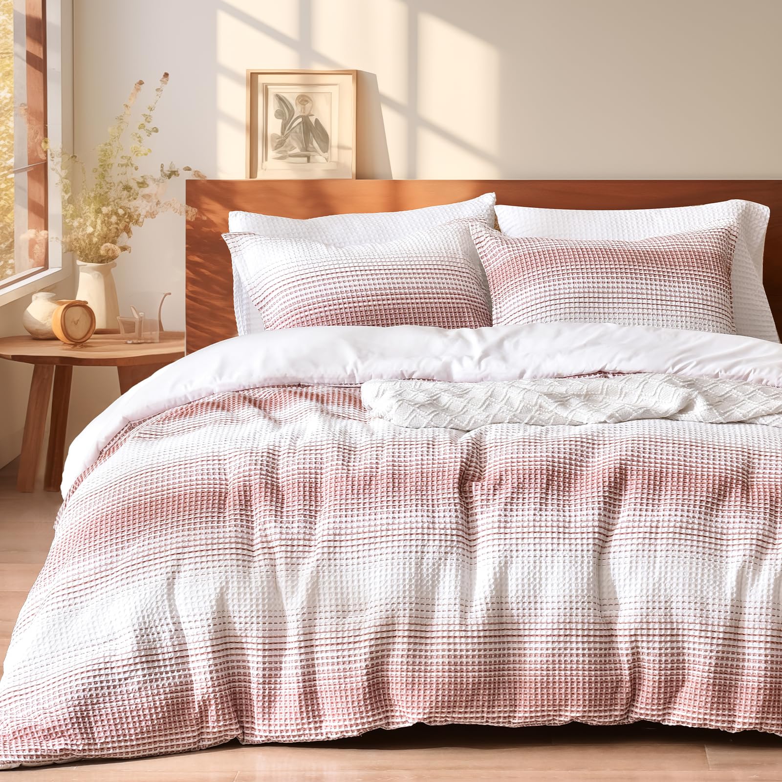 PHF Ultra Soft Waffle Weave Comforter Set Queen Size, 3 Pieces Lightweight Breathable Comfy Bedding Set, Comfy Textured 1 Comforter with 2 Pillow Shams, Linen