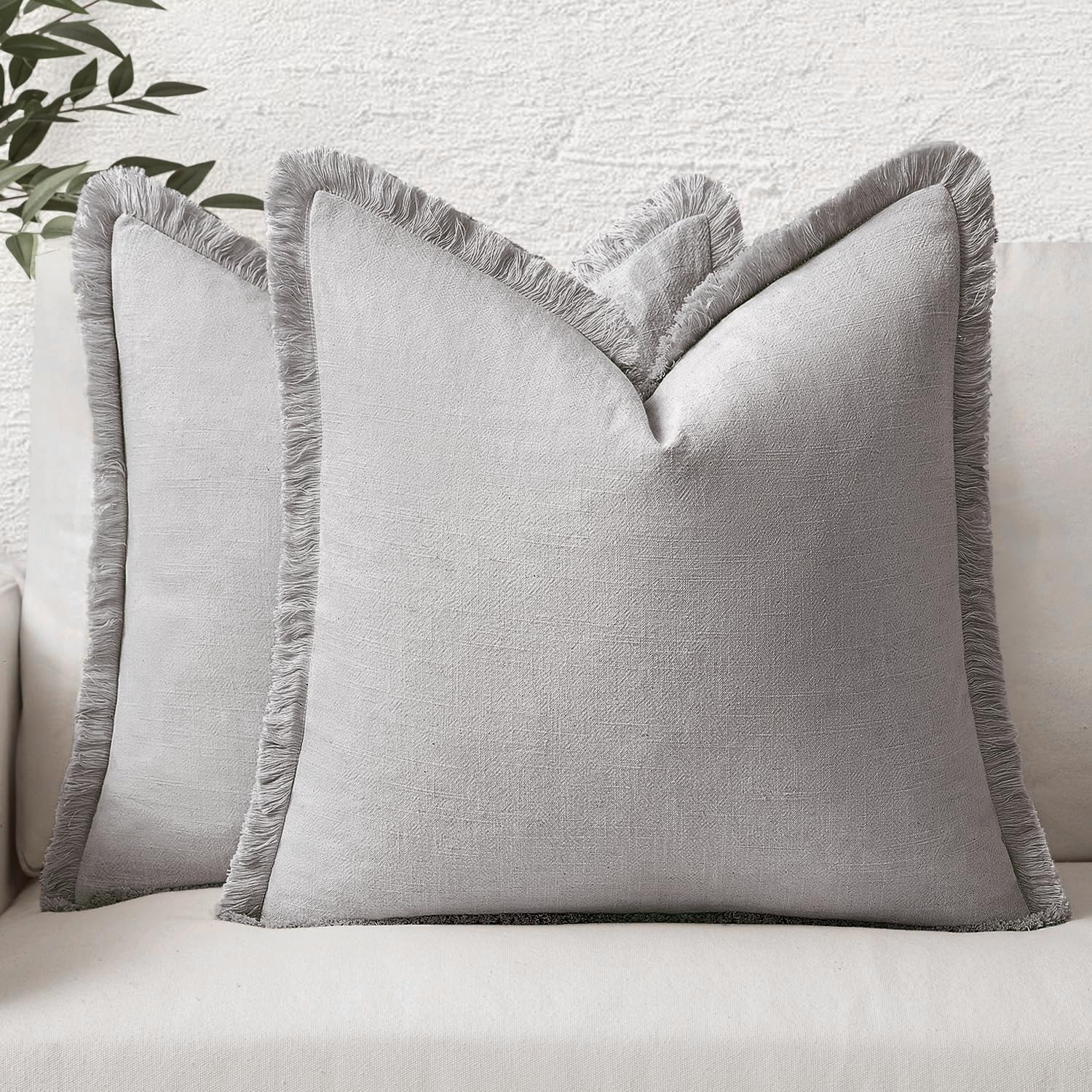 MIULEE Decorative Throw Pillow Covers Neutral Linen Fringe Throw Pillows Euro Shams Set of 2 Brown Boho Farmhouse Cushion Covers for Couch Sofa Bed Living Room Spring Home Decor 26x26 Inch