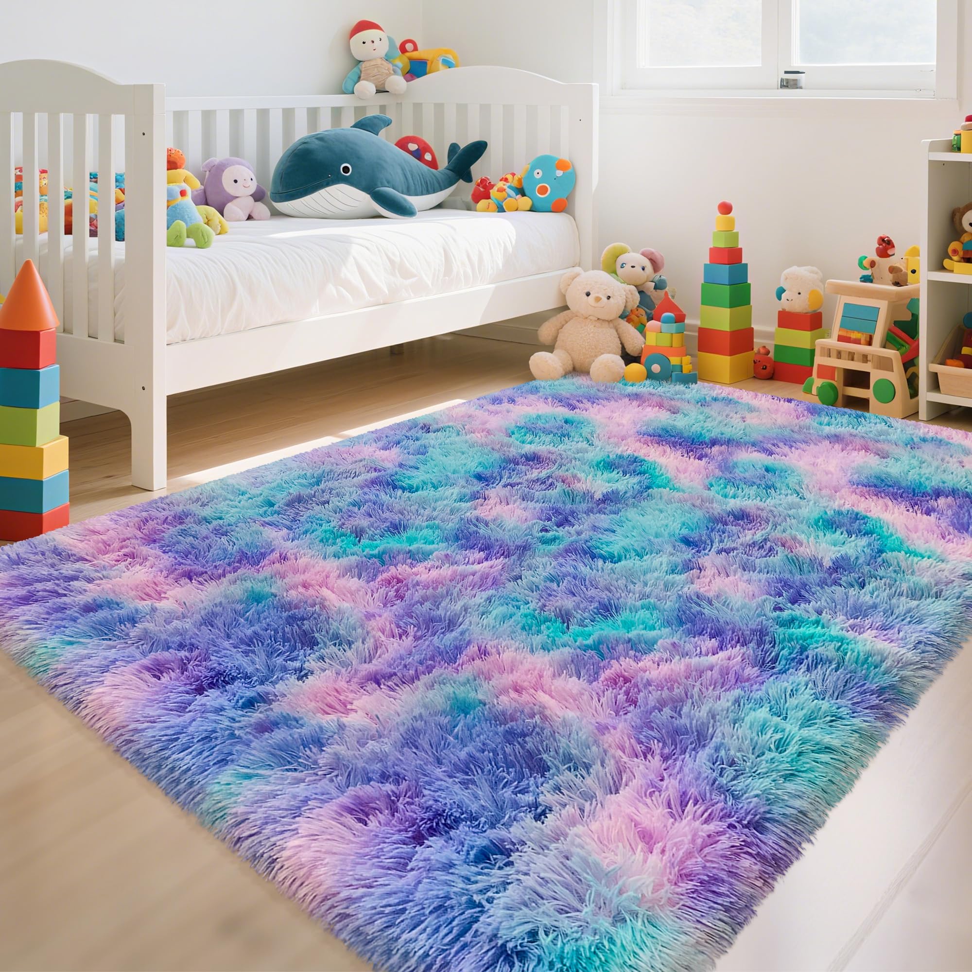 5x8 Ft Light Grey Large Area Rugs for Bedroom,Fluffy Furry Rug Floor Carpets Shaggy Playing Mat for Kids Baby Girls Room Nursery Home Decor Tie Dyed Gray Thick Rugs Fuzzy Home Decor
