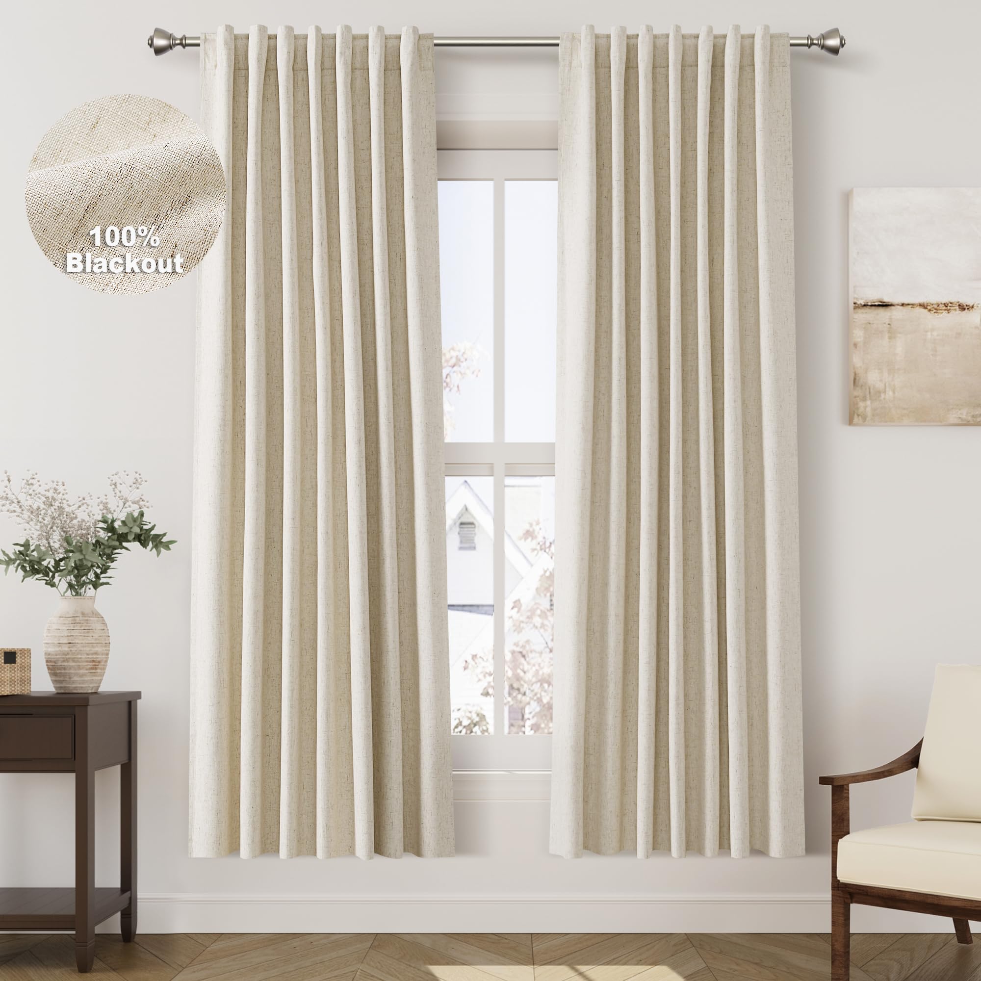 Nanspring Light Grey 100% Blackout Linen Curtains for Bedroom 90 Inches Long Back Tab Thermal Insulated Modern Luxury Simple Black Out Curtain for Living Room Dining Room Drapes 52x90, 2 Panels