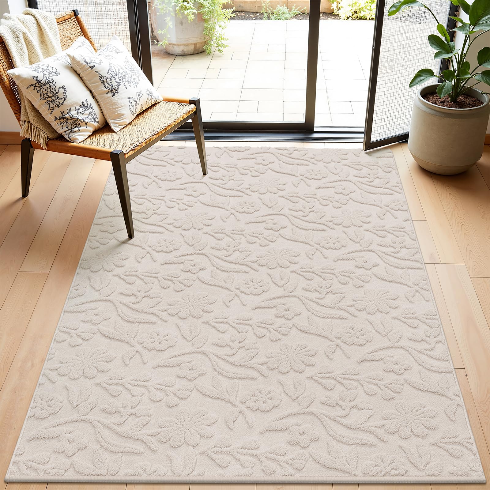 Vaukki Round Rug for Living Room, Soft Fluffy Washable Modern Floral Indoor Floor Mat, Non Slip Shaggy Boho Accent Throw Carpet for Bedroom, Living Room, Nursery and Dining Room, Beige, Round-6Ft