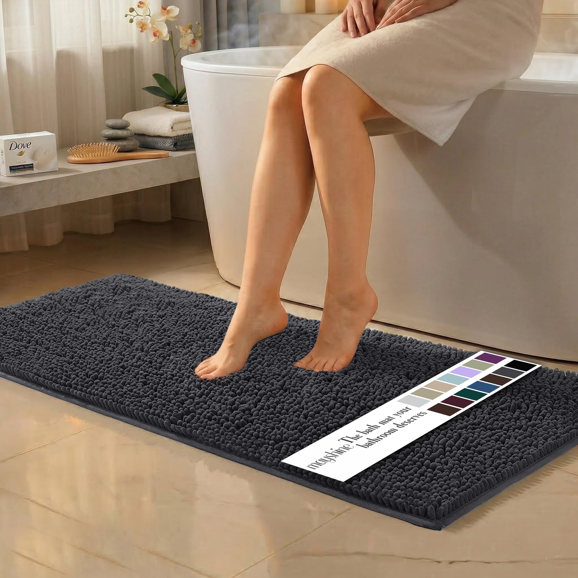 MAYSHINE Plush Shaggy Chenille Bath Mat | Extra Soft, Super Absorbent, Non-Slip Bathroom Rug | Fluffy Microfiber, Area Rug Sets for Bathroom Floor, Kitchen, Living Room | 59"x31" | Beige