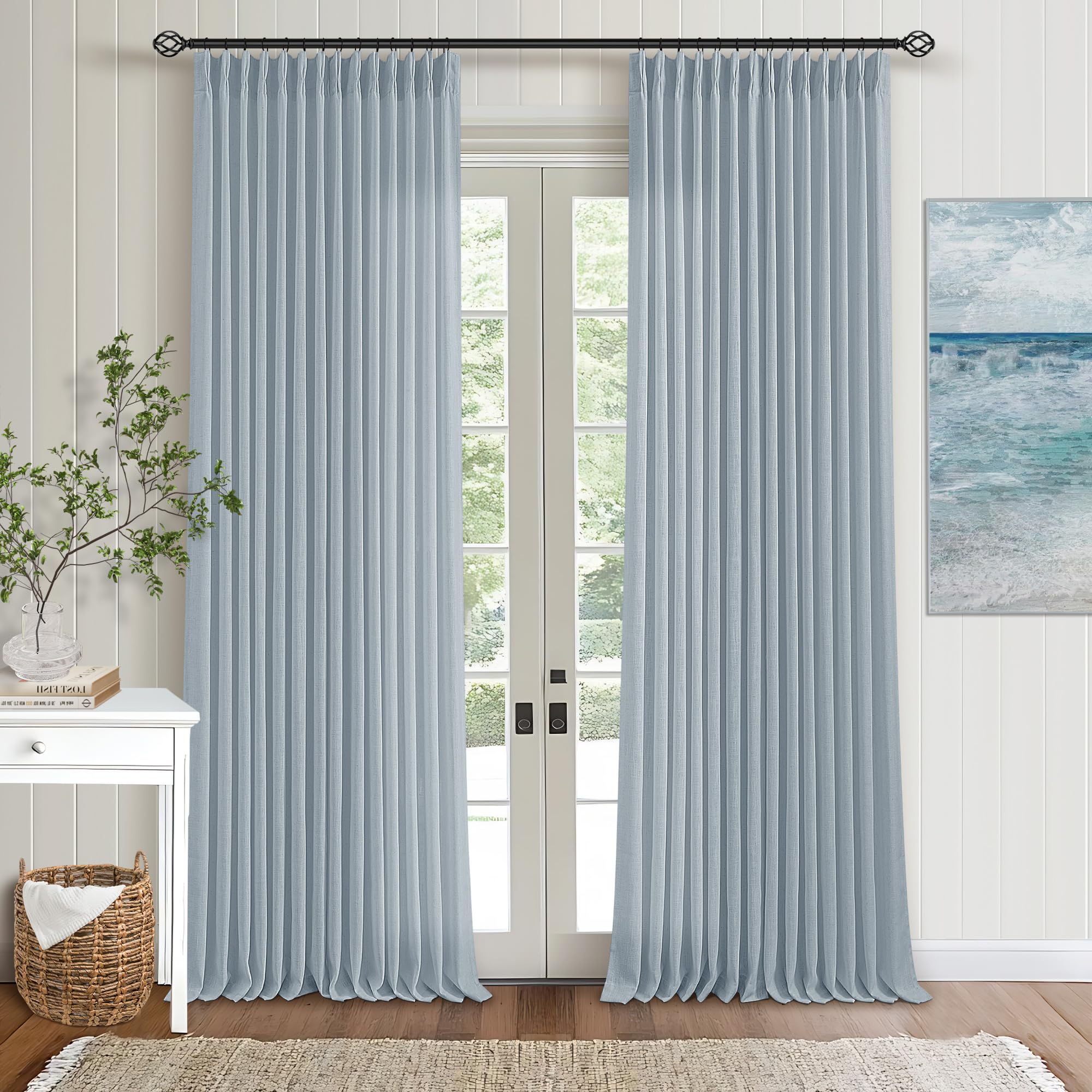 90 Inch Pinch Pleated Linen Curtains 2 Panel Set for Living Room Cream Natural Thick Linen Textured Drapes 90 Inches Long Pinch Pleat Drapes Birch Ivory Semi Sheer Curtain for Dining Bedroom Office