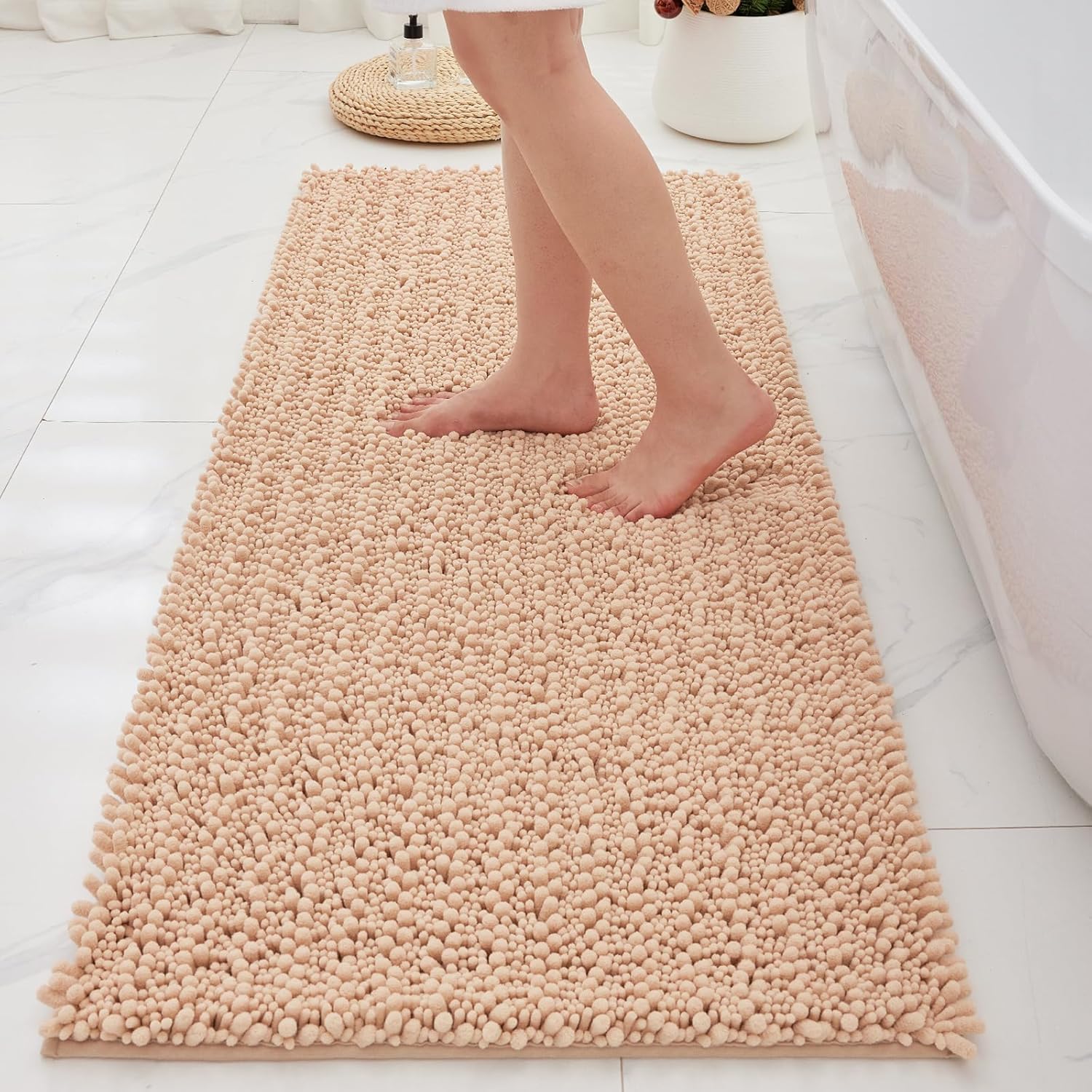Bathroom Rugs Non Slip Washable 70x24, Extra Thick Soft Chenille Absorbent Bath Mat, High Density Barrier Non Slip Backing, Quick Dry Plush Shaggy Floor Carpet for Tub&Shower, White