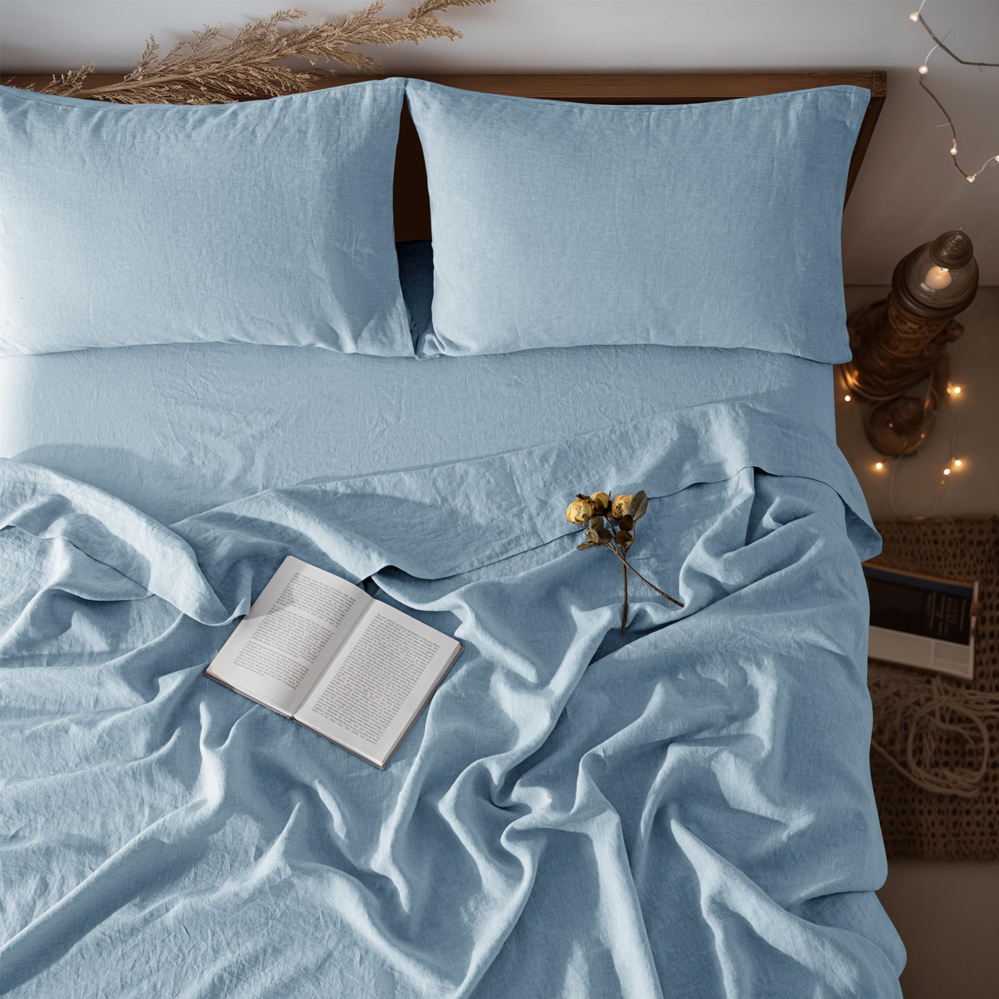 LBRO2M 100% Pure Linen Sheet Set Deep Pocket Up to 16" Bed Sheets Sets, Natural Flax Beddings Soft, Breathable, Comfortable for All Seasons 4 Pcs Sheet Set Queen Size, Linen