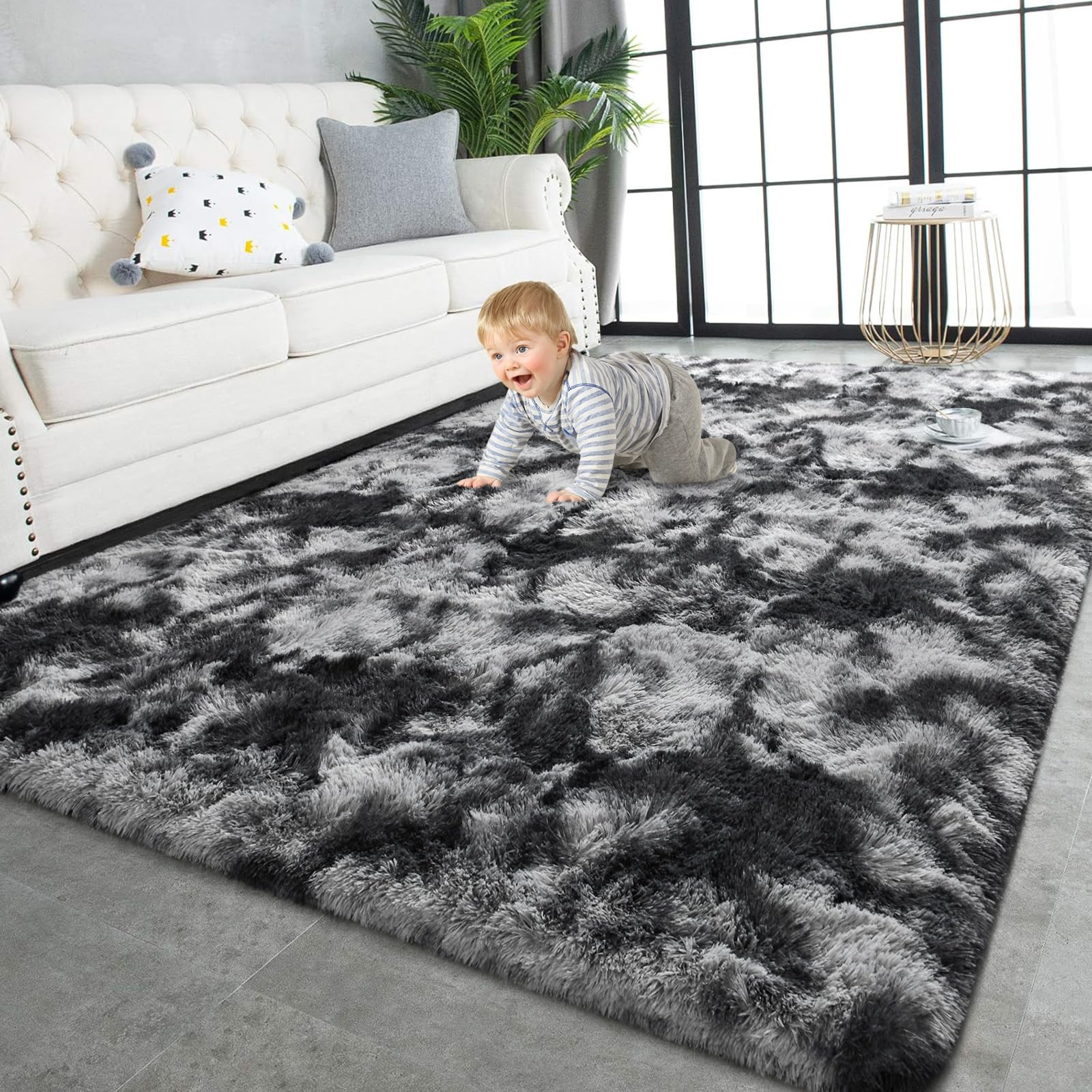 TWINNIS Super Soft Shaggy Rugs Fluffy Carpets, 6x9 Feet, Indoor Modern Plush Area Rugs for Living Room Bedroom Kids Room Nursery Home Decor, Upgrade Anti-Skid Rectangular Fuzzy Rug, Black Gray