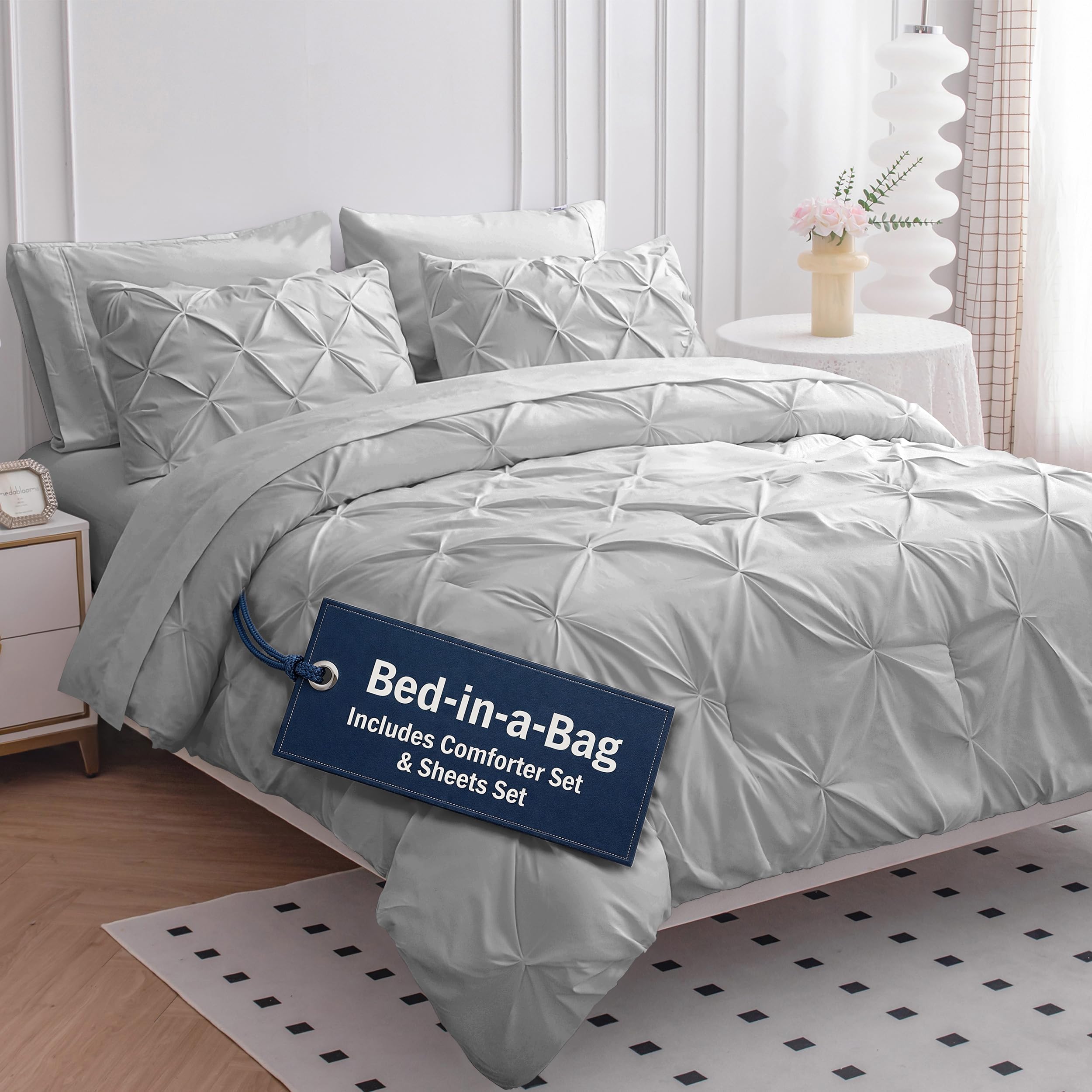 LANE LINEN Full Size Bed Comforter - 7 Piece - Refined Pintuck Finish for Hotel Style Bedding - Breathable Microfiber Bed in a Bag Comforter - Ideal for Apartments & First Homes - French Blue | Hotel sleep feel