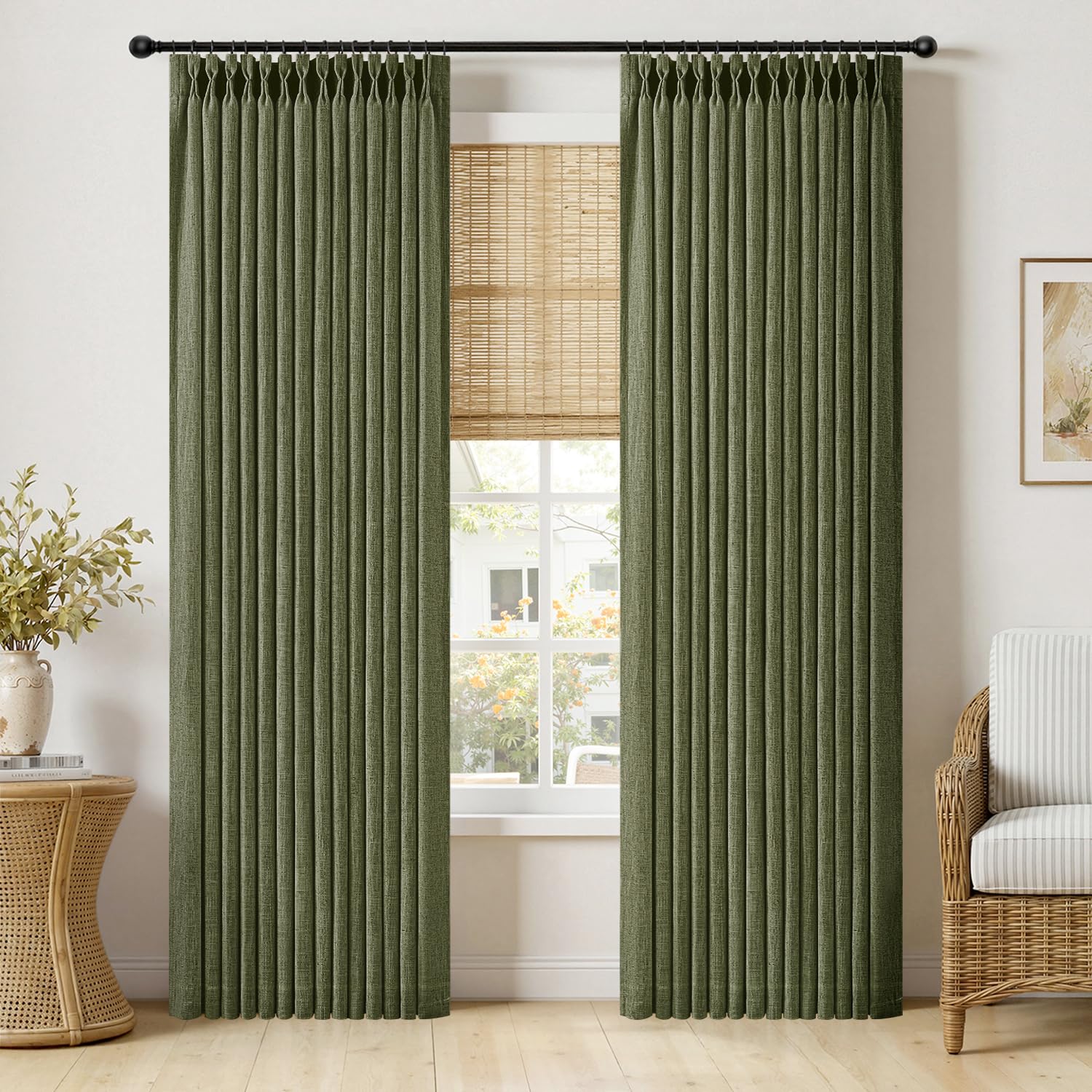 MIULEE Pinch Pleated Thick Linen Curtains 90 Inches Long 2 Panels for Living Room Bedroom, Linen Texture Memory Trained Drapes Pinch Pleat Rustic Farmhouse Window Curtains with Hooks&Rings, Taupe