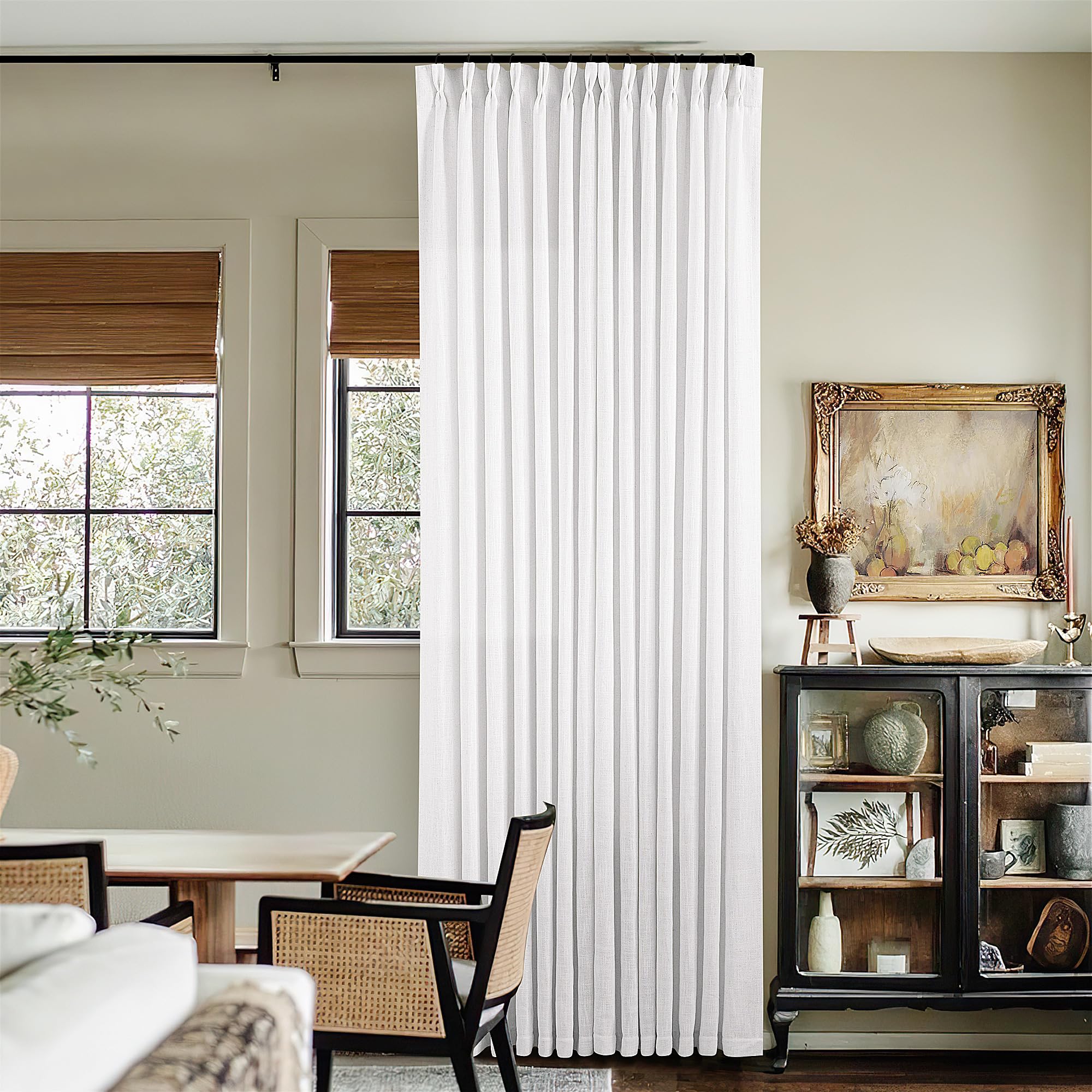 90 Inch Pinch Pleated Linen Curtains 2 Panel Set for Living Room Cream Natural Thick Linen Textured Drapes 90 Inches Long Pinch Pleat Drapes Birch Ivory Semi Sheer Curtain for Dining Bedroom Office