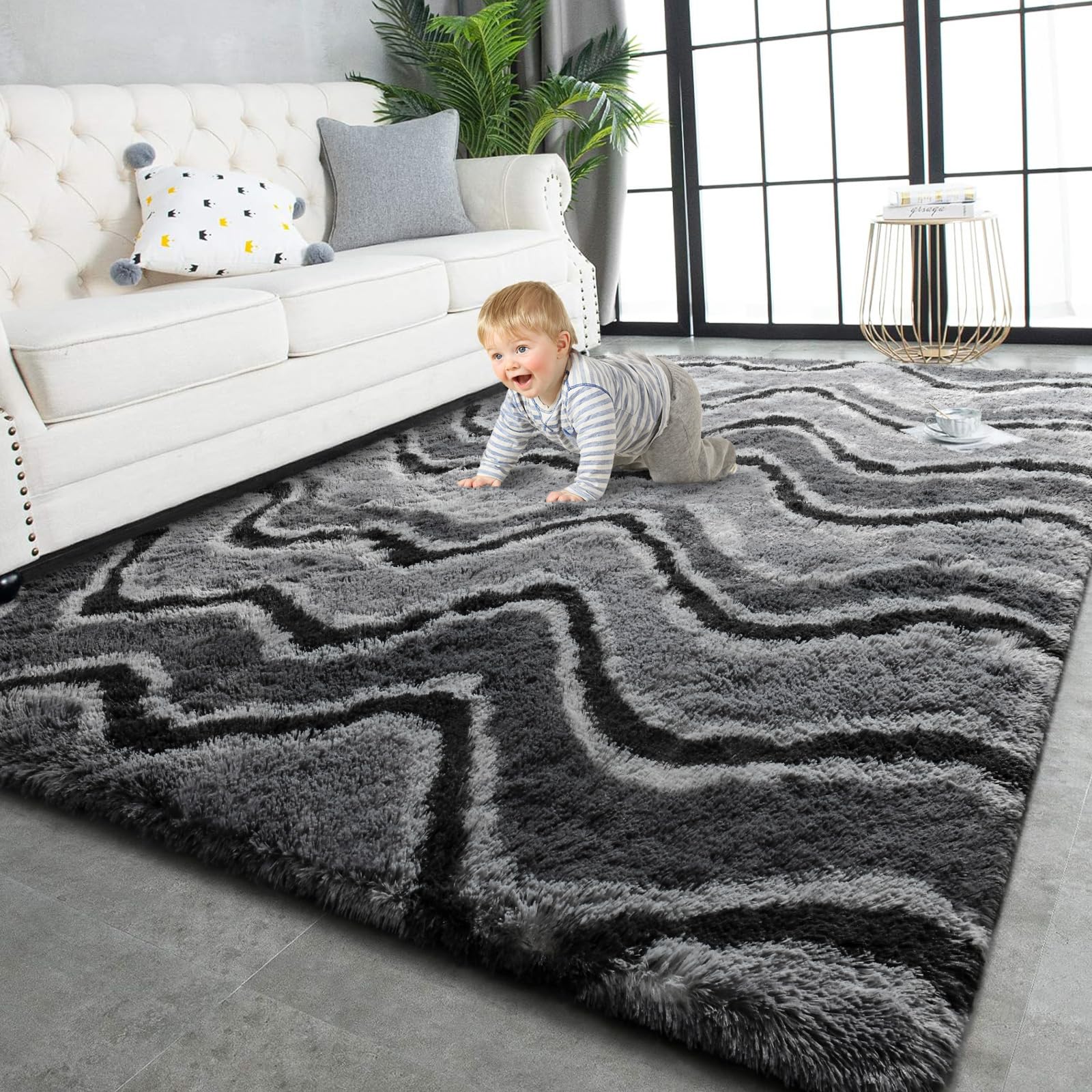 TWINNIS Super Soft Shaggy Rugs Fluffy Carpets, 6x9 Feet, Indoor Modern Plush Area Rugs for Living Room Bedroom Kids Room Nursery Home Decor, Upgrade Anti-Skid Rectangular Fuzzy Rug, Black Gray