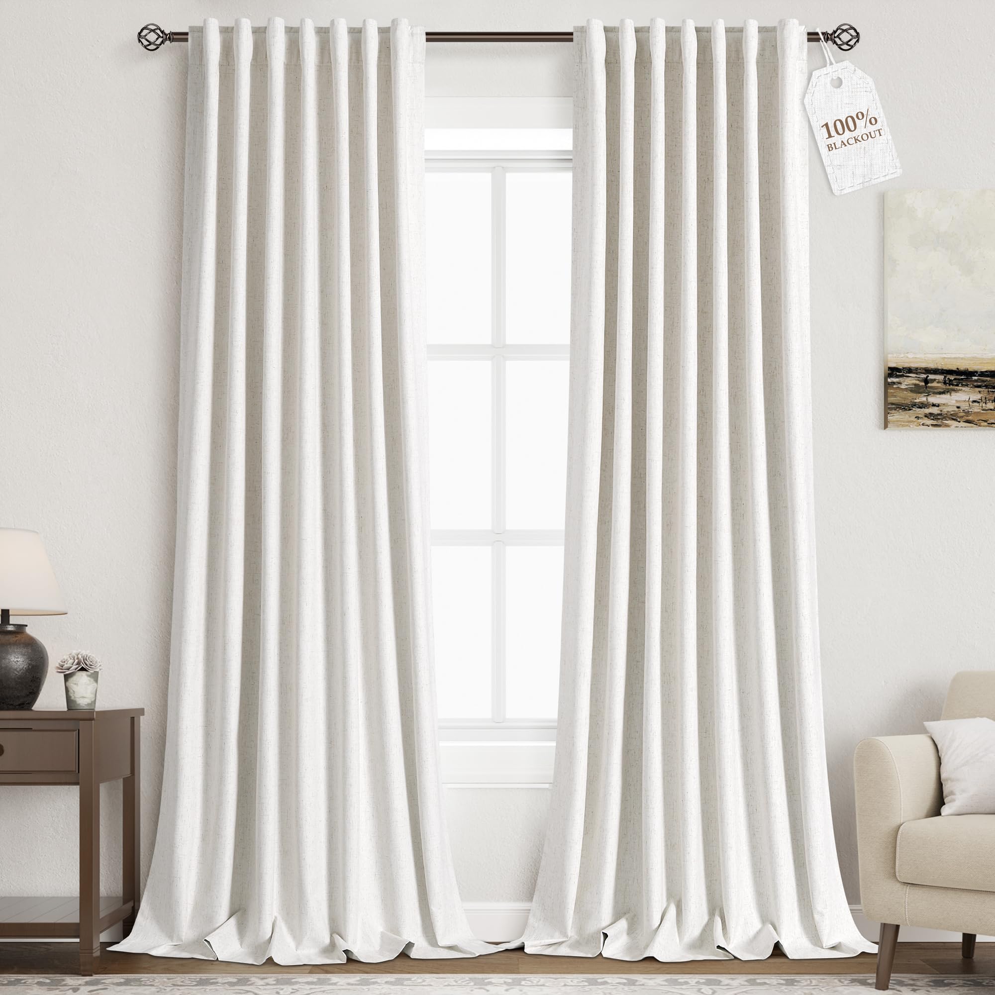 Nanspring Light Grey 100% Blackout Linen Curtains for Bedroom 90 Inches Long Back Tab Thermal Insulated Modern Luxury Simple Black Out Curtain for Living Room Dining Room Drapes 52x90, 2 Panels