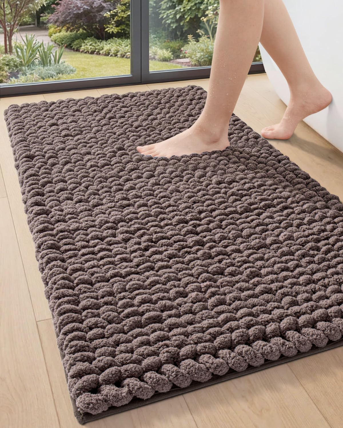 DEXI Bathroom Rugs 24x43, Non Slip Washable Bath Mat, Luxury Chenille Super Absorbent Ultra Thick Bathmats for Shower Floor, Plush Fluffy Shaggy Carpet for Tub, Beige