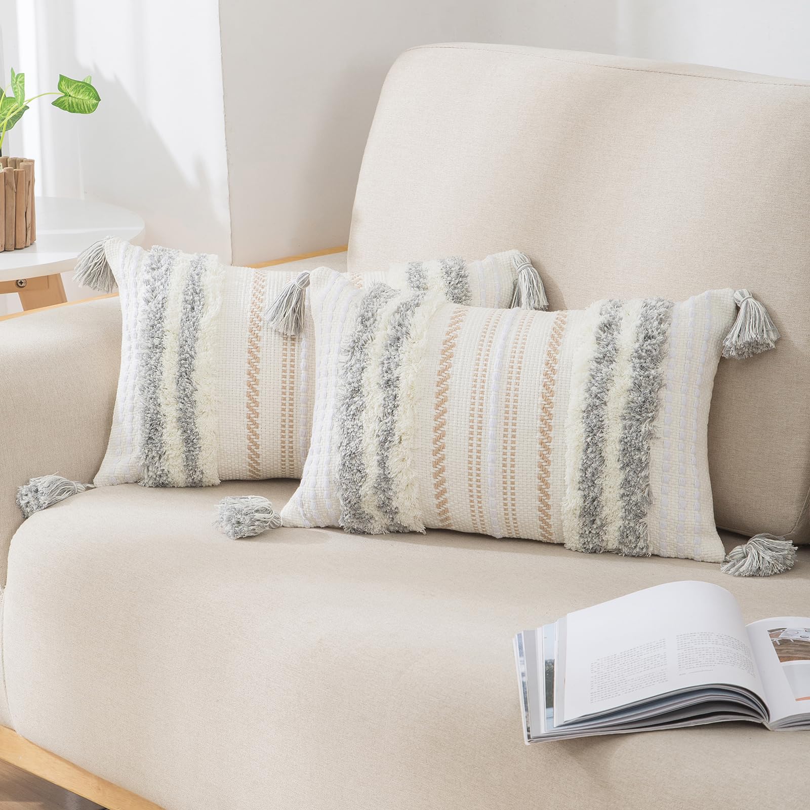 decorUhome Summer Decorative Boho Throw Pillow Covers 20x20 Set of 2, Accent Neutral Textured Tufted Pillow Covers Striped for Couch Bed Sofa Living Room, Light Grey and Cream White