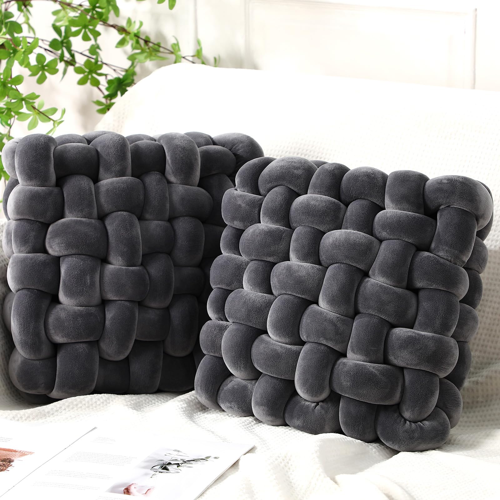 Wenqik 2 Pcs Knot Pillows Square Knotted Plush Throws Soft Accent Pillows Decoration Cushion for Couch Home Office Living Room Bedroom Bed Sofa Decor, 12'' x 13''(Cream White,Lambswool)