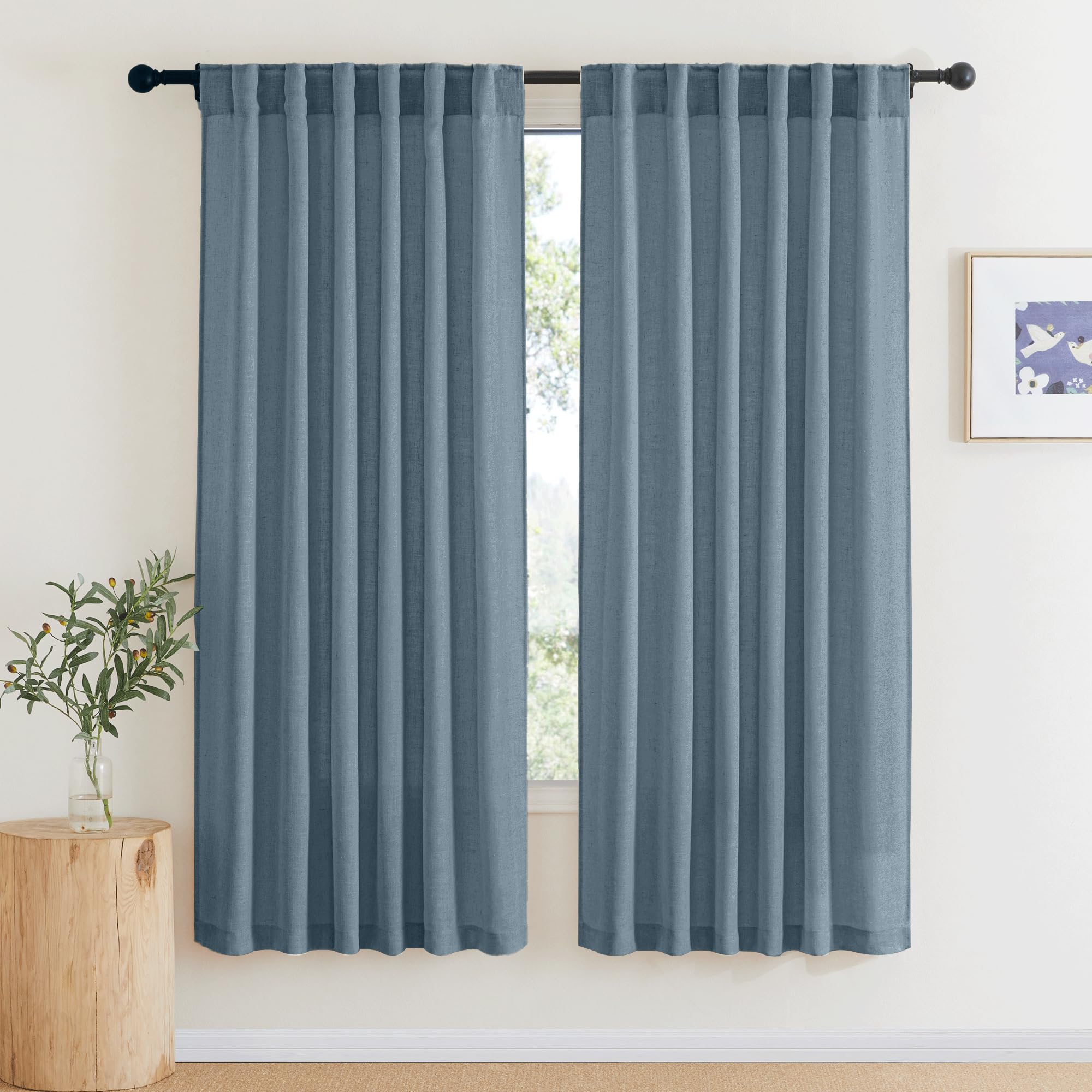 RYB HOME Farmhouse Sheer Curtains 108 inch Length, Semi Sheer Curtain & Drapes Large Window Dressing Lights & Winds Filter for Bedroom Home Office Living Room, Linen, W 70 x L 108 inch Long, 1 Pair