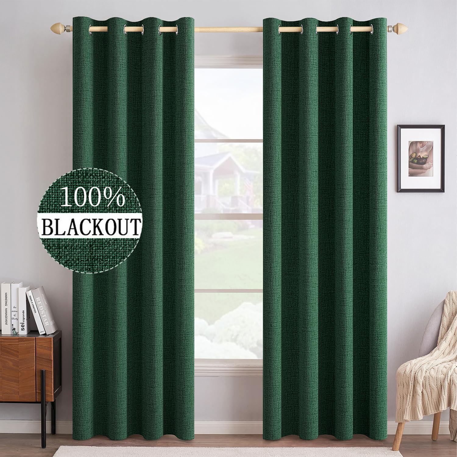 MIULEE 100% Blackout Linen Curtains for Bedroom Thermal Insulated Birch Grommet Room Darkening Curtains & Drapes for Living Room Nursery 52 x 96 Inch (2 Panels)