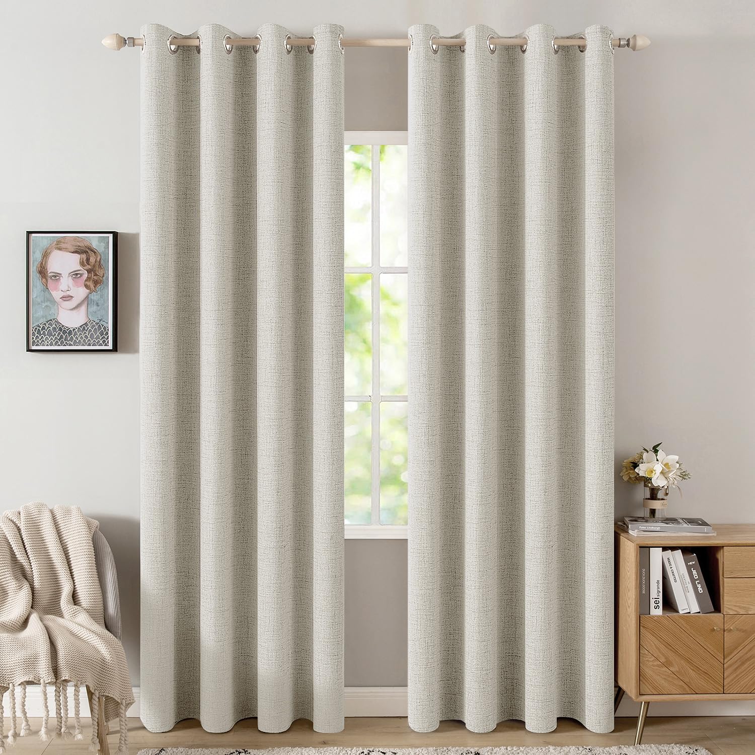 MIULEE 100% Blackout Linen Curtains for Bedroom Thermal Insulated Birch Grommet Room Darkening Curtains & Drapes for Living Room Nursery 52 x 96 Inch (2 Panels)
