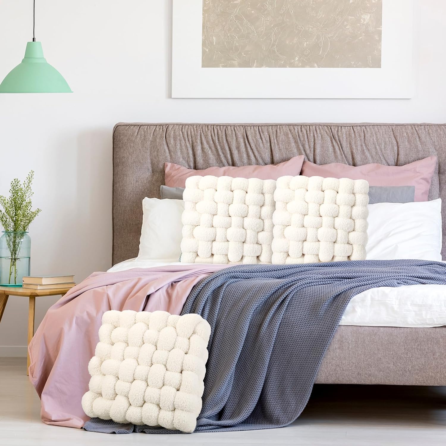 Wenqik 2 Pcs Knot Pillows Square Knotted Plush Throws Soft Accent Pillows Decoration Cushion for Couch Home Office Living Room Bedroom Bed Sofa Decor, 12'' x 13''(Cream White,Lambswool)