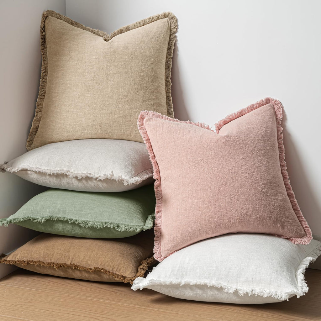 MIULEE Decorative Throw Pillow Covers Neutral Linen Fringe Throw Pillows Euro Shams Set of 2 Sage Green Boho Farmhouse Cushion Covers for Couch Sofa Bed Living Room Spring Home Decor 26x26 Inch