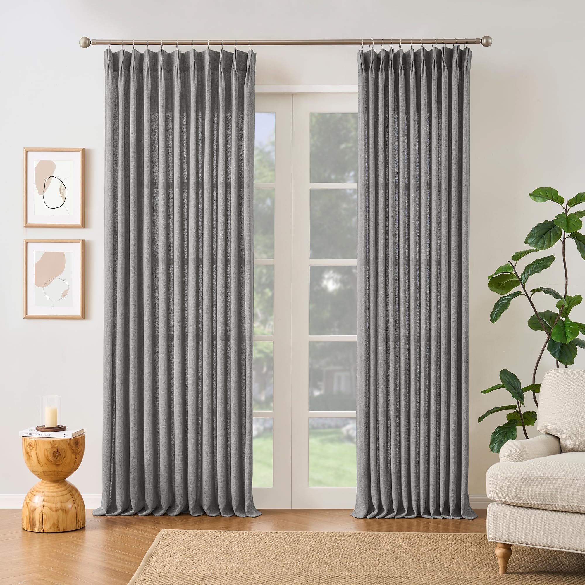 RAIN CITY 102 Inch Curtains Pinch Pleated 2 Panels Set, Back Tab with Hooks Semi Sheer Linen Curtains for Living Room Primitive Window Drapes for Sliding Door Sand Beach Decor 42 Each Wide
