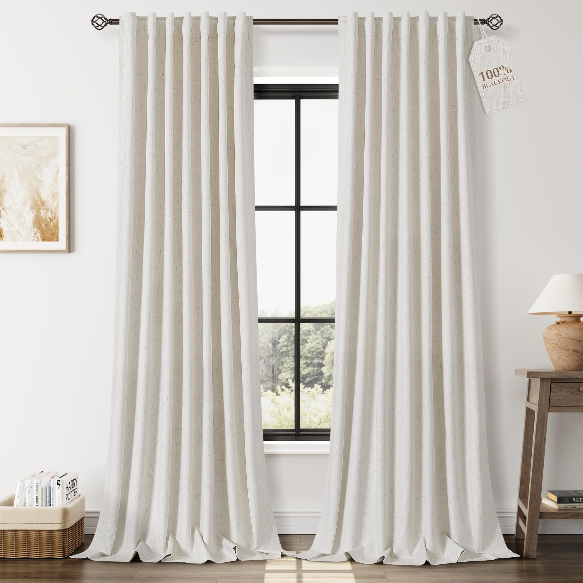 Nanspring Light Grey 100% Blackout Linen Curtains for Bedroom 90 Inches Long Back Tab Thermal Insulated Modern Luxury Simple Black Out Curtain for Living Room Dining Room Drapes 52x90, 2 Panels