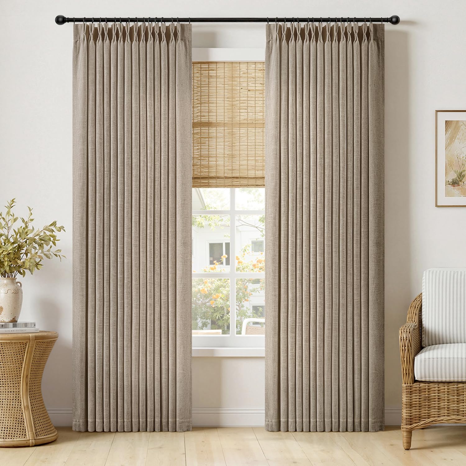 MIULEE Pinch Pleated Thick Linen Curtains 90 Inches Long 2 Panels for Living Room Bedroom, Linen Texture Memory Trained Drapes Pinch Pleat Rustic Farmhouse Window Curtains with Hooks&Rings, Taupe