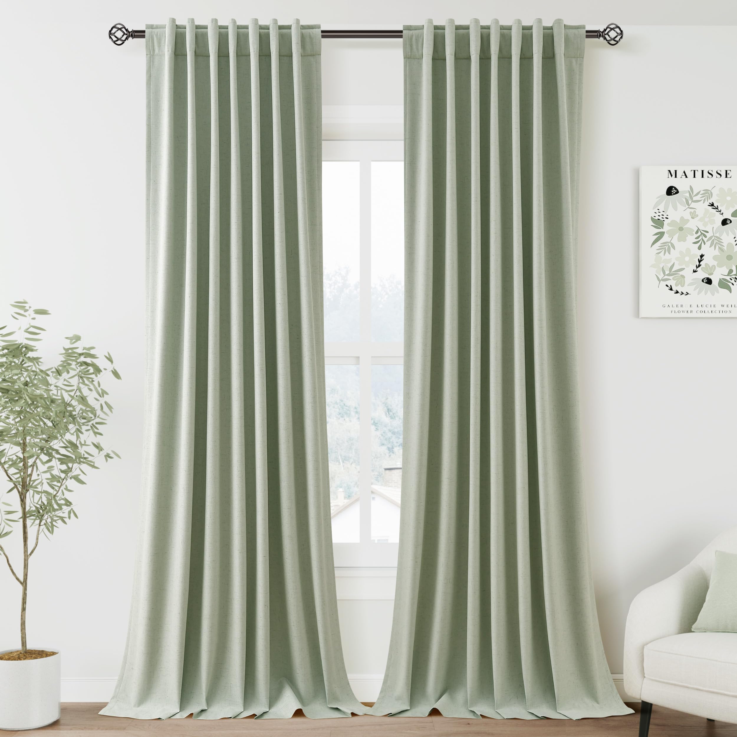 Nanspring Light Grey 100% Blackout Linen Curtains for Bedroom 90 Inches Long Back Tab Thermal Insulated Modern Luxury Simple Black Out Curtain for Living Room Dining Room Drapes 52x90, 2 Panels